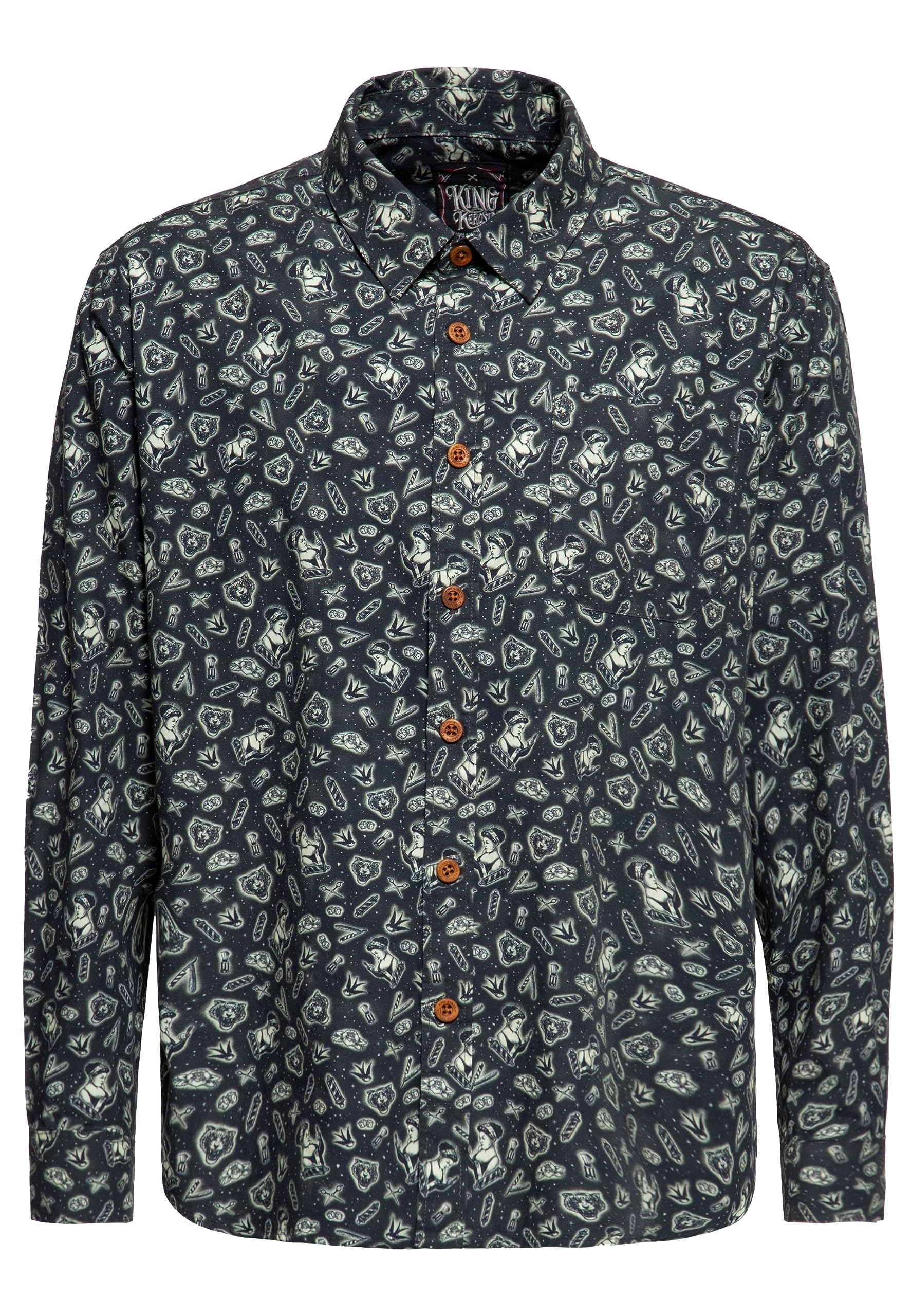 King Kerosin Camisa de manga larga para hombre con estampado integral, moda de playa, camisa de verano, retro