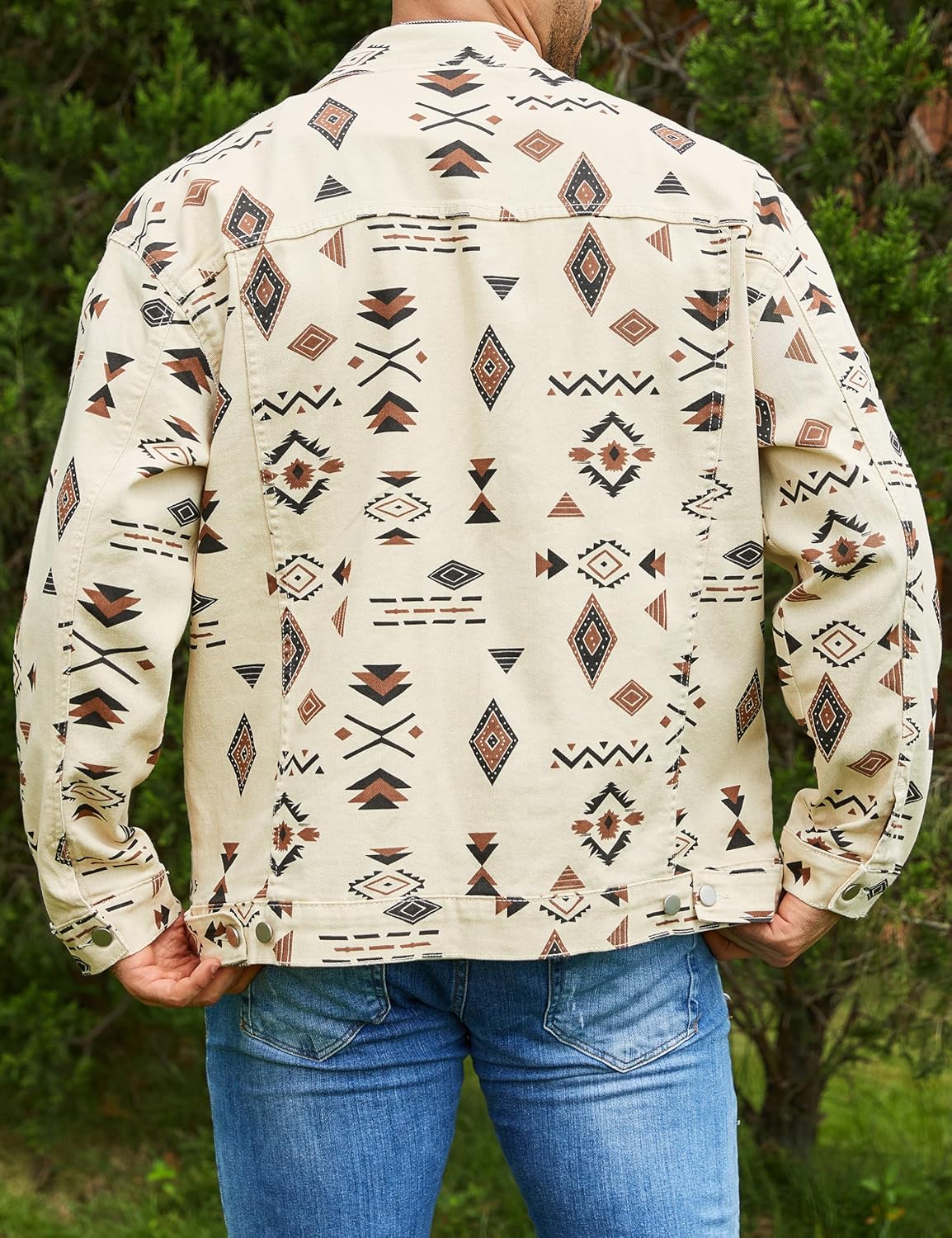 Bindefon Aztec Print Jean Jacket Men Trucker Unlined Coats Button Down Collar Tops Fall Outfits White Elephant Gifts - Image 2