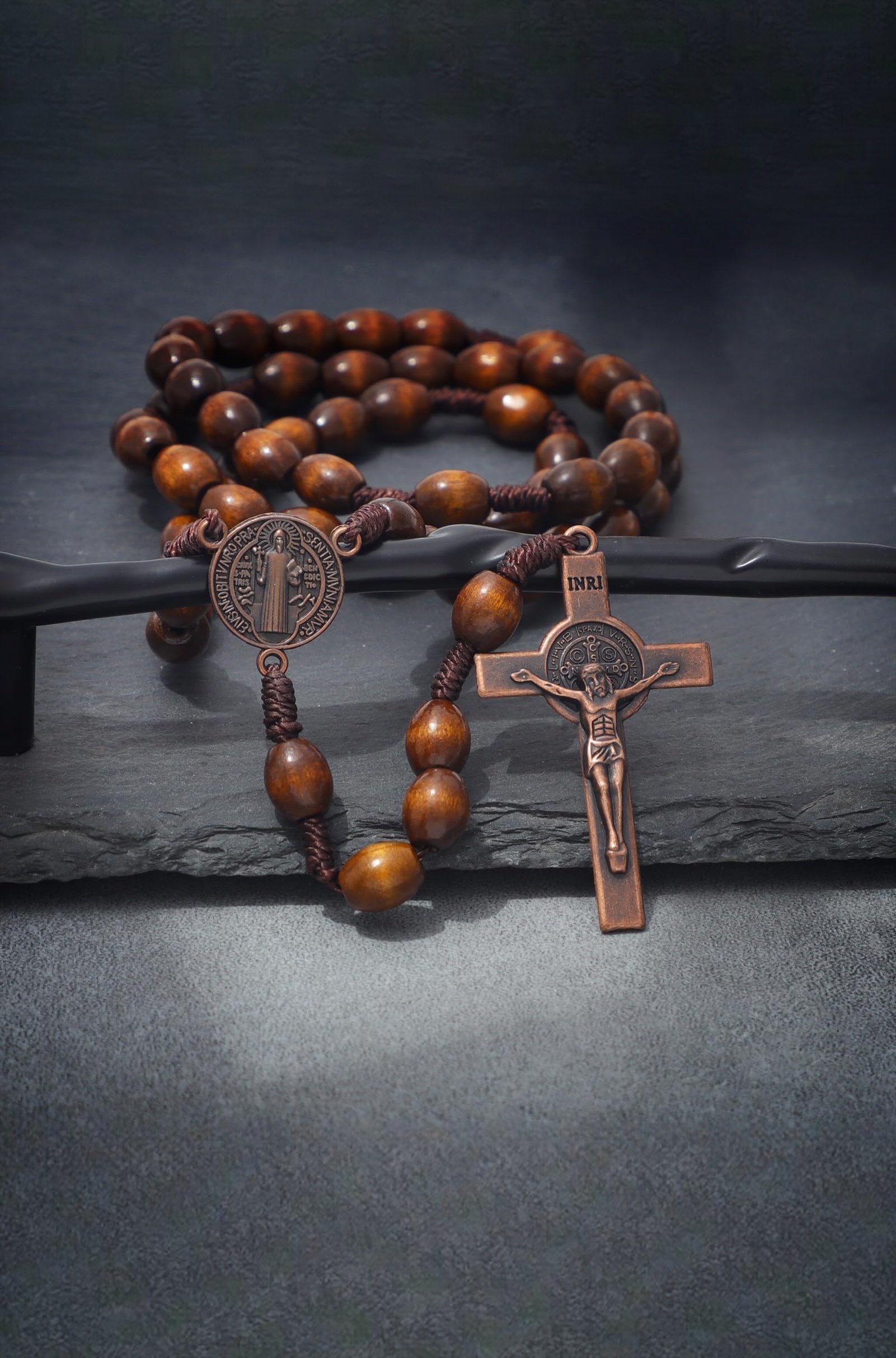 KOMI N-brand Wooden Catholic Rosaries, Rosary Beads Necklace from Bethlehem Olive Wood Christian Prayer Beads Holy Soil Medal & Metal Cross for Women, Gifts for Men