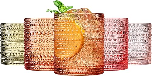 Hobnail - Juego de 5 vasos para beber  Juego de 5  Hobnails vintage con cuentas de colores atardecer de 10 onzas, cristalería de whisky de burbujas