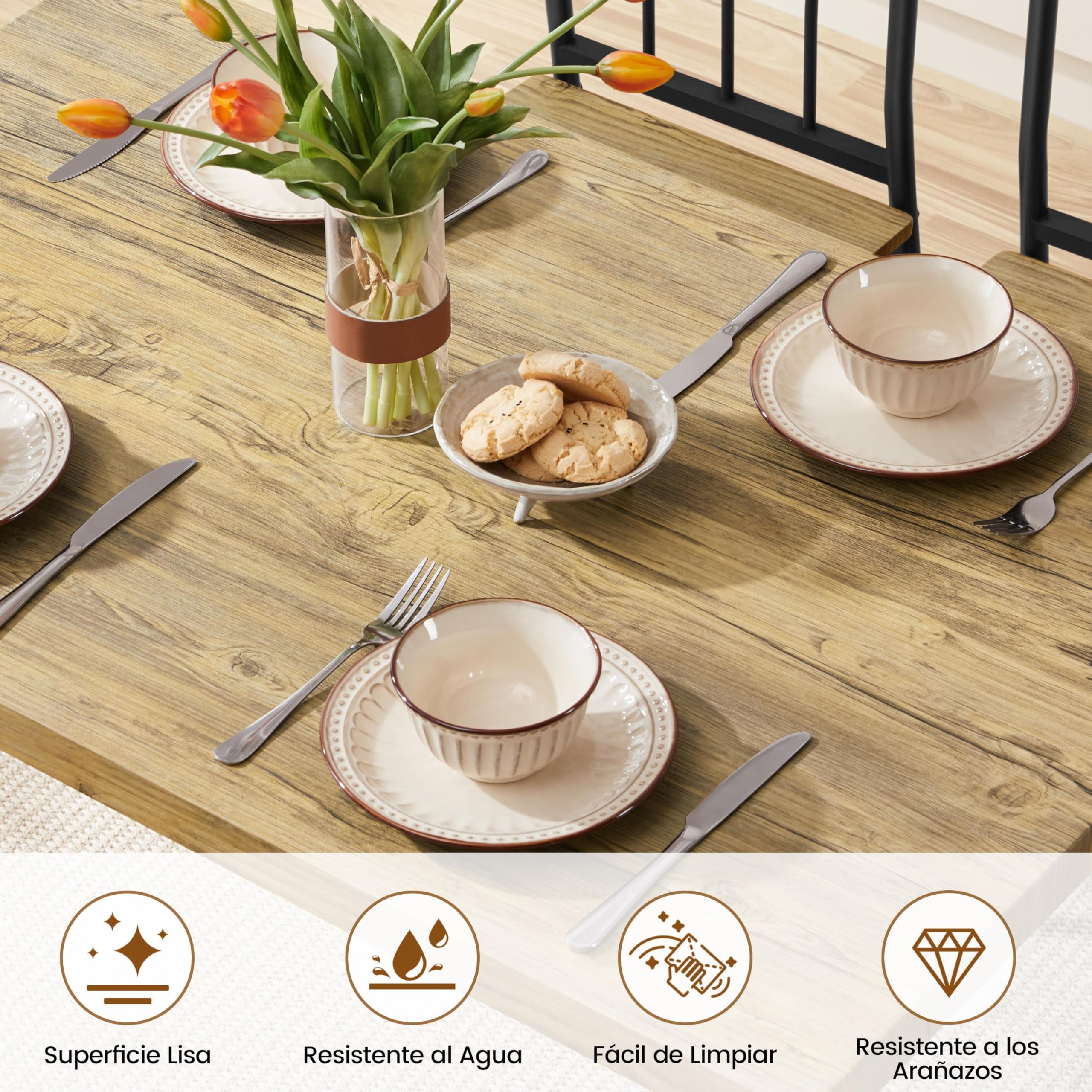 Yaheetech Conjunto Mesa y 4 Sillas de Comedor Tablero de 4 cm, Sillas Apilables, Estilo Industrial, Madera y Metal, para Cocina Pequeña, Apartamento o Terraza, Marrón, 110×70 cm