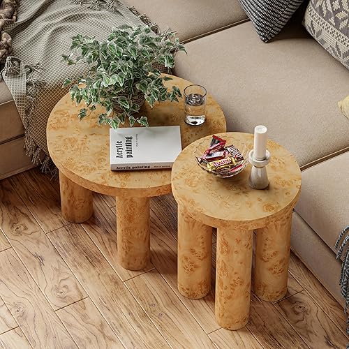 Miniatura 7 de Juego de 2 mesas de centro redondas de madera de granja con acabado de chapa burl, mesas anidables rústicas modernas con patas de pilar para sala de