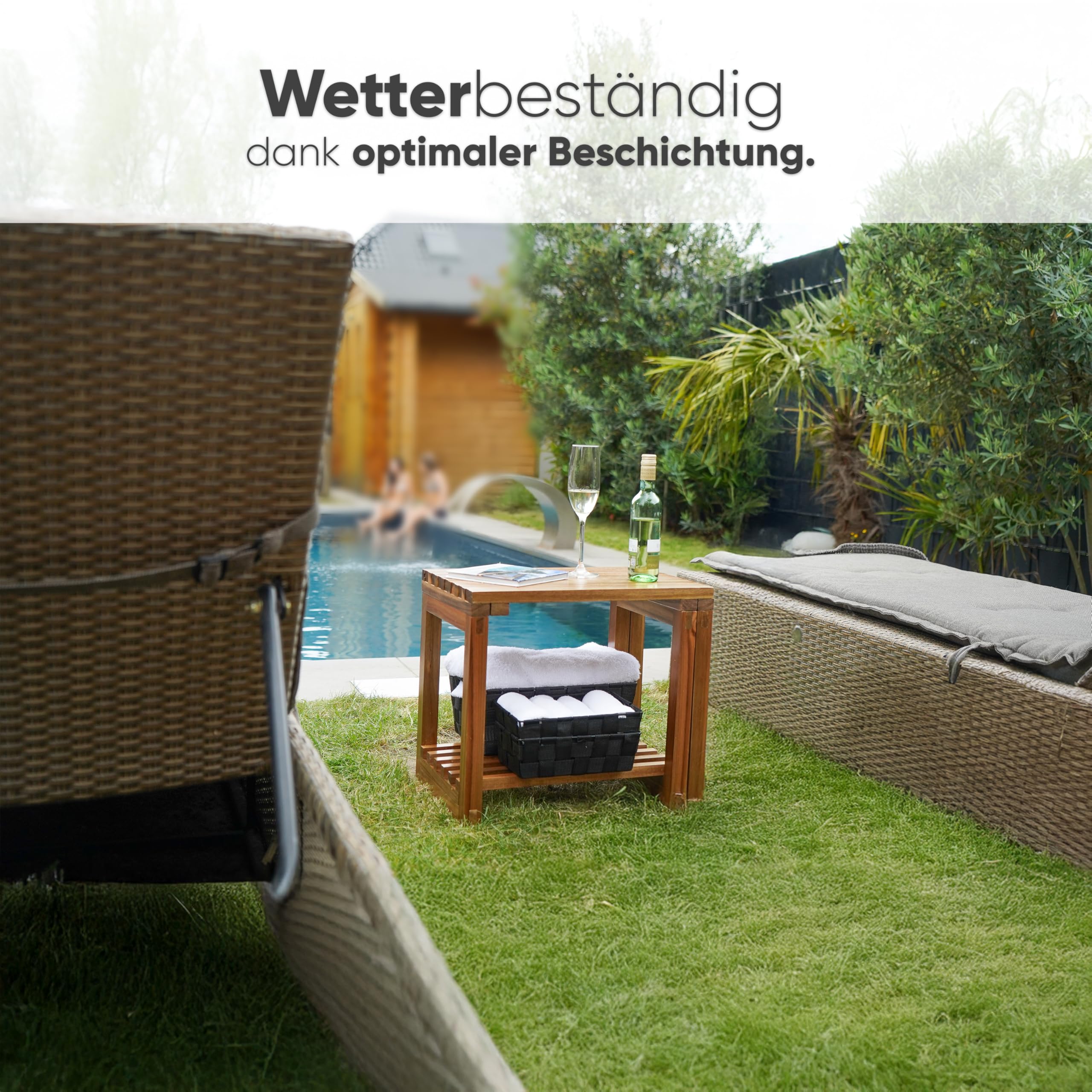 SVADA ausziehbarer Duschhocker aus Akazienholz - Duschbank Akazie mit Ablage - multifunktionale Saunabank - Hocker & Beistelltisch aus Holz für Badezimmer - Dusche - Balkon - Garten - outdoor - indoor