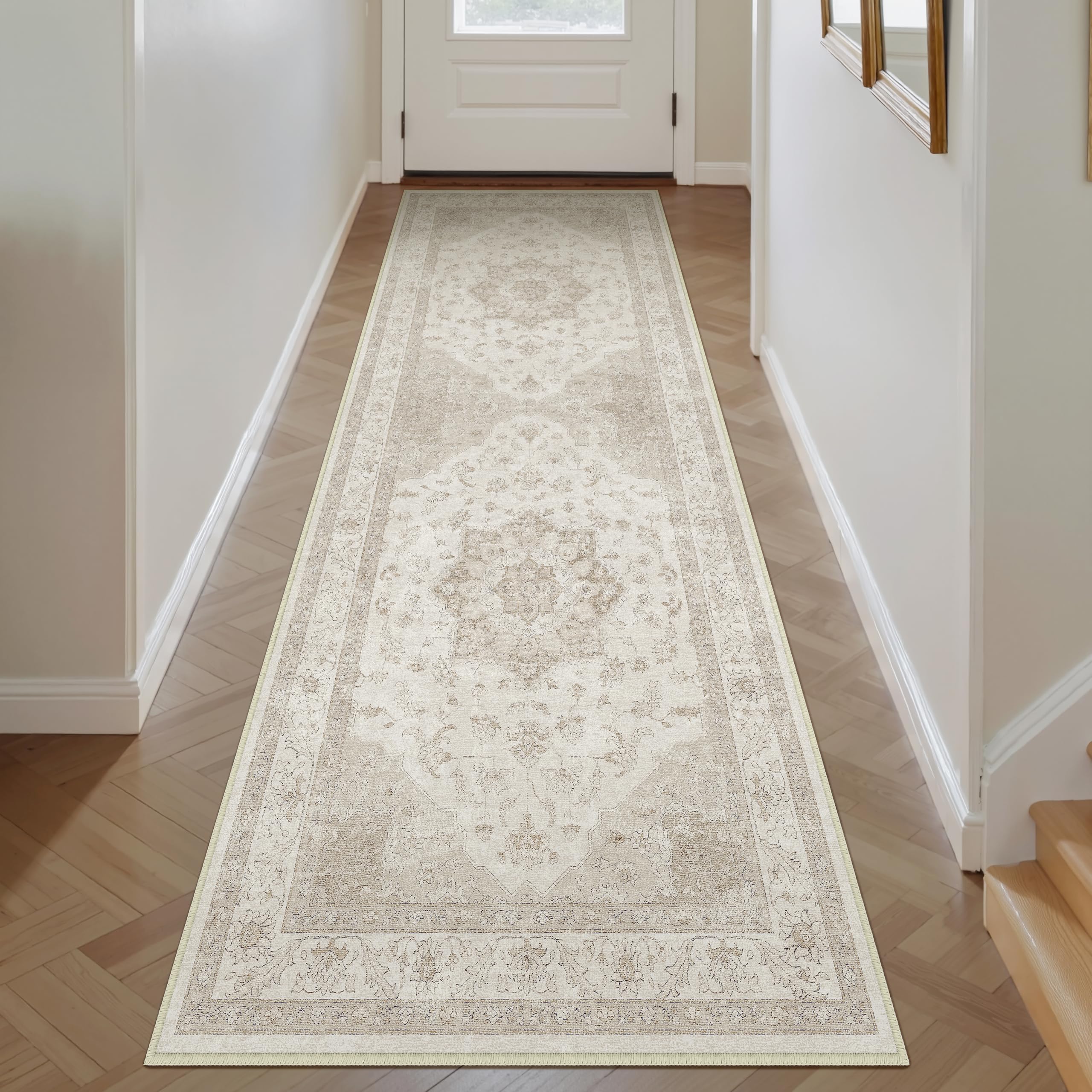 PureCozy Vintage Washable Beige Hallway Runner Rug 60x180cm Hall Runner Long Area Rugs Non Slip Soft Carpet Kitchen Bedroom Bedside Dining Room Office Indoor Low Pile Carpets