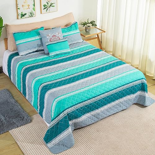 LINNUO HOURSE Juego de edredón tamaño matrimonialqueen con 2 fundas de almohada, 5 piezas de edredón geométrico a rayas verdes y grises para todas LINNUO HOURSE Juego de edredón tamaño matrimonialqueen con 2 fundas de almohada, 5 piezas de edredón geométrico a rayas verdes y grises para todas