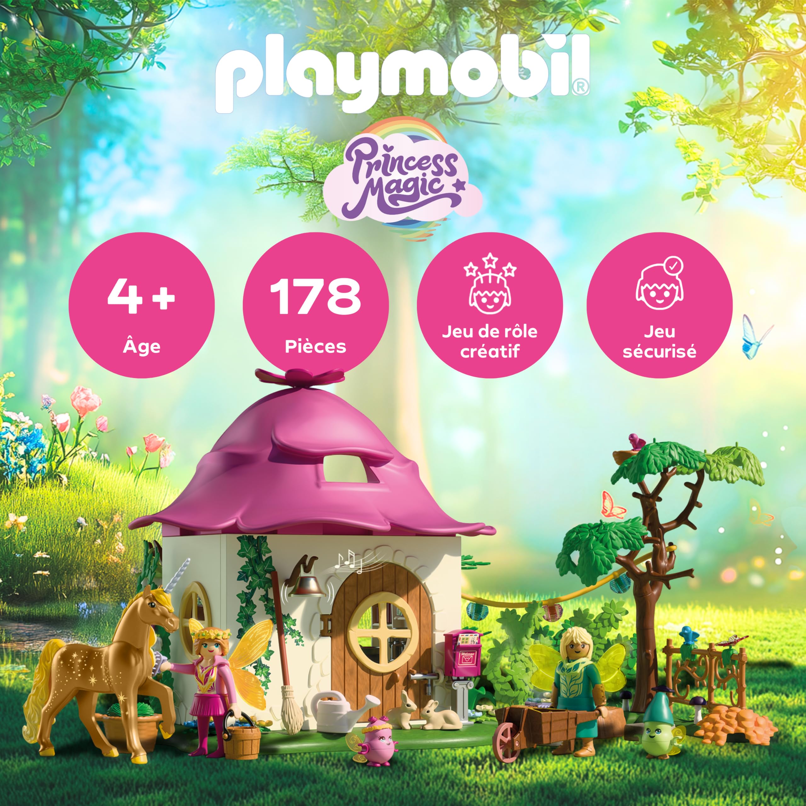 Playmobil | Magic Unicorns | La Maison des fées avec Licorne dorée et écurie | avec Guirlande Lumineuse pour des Nuits Magiques | Jouet créatif pour Les Enfants à partir de 4 Ans | 71838