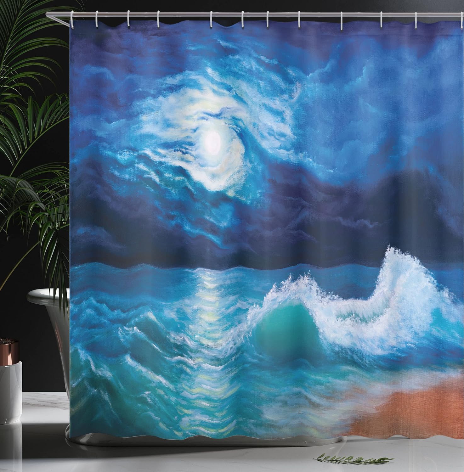 Ambesonne Ocean Shower Curtain, Moonlight Over Wavy Sea Dramatic Sky Beach Landscape Picture in Oil Painting Effect, Cloth Fabric Bathroom Decor Set with Hooks, 69" W x 75" L, Navy White