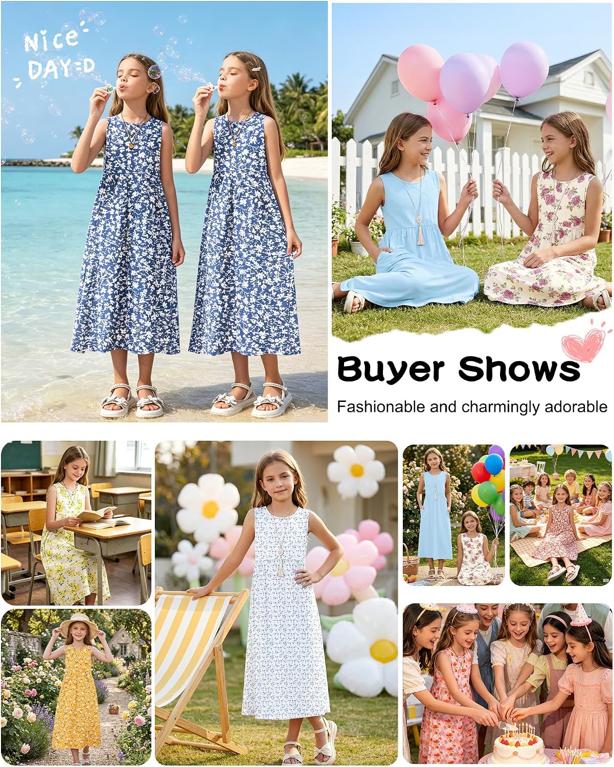 Girls Summer Sleeveless Long Sundress Casual Cute Crewneck Loose Empire Waist Dresses with Pockets 2026 New