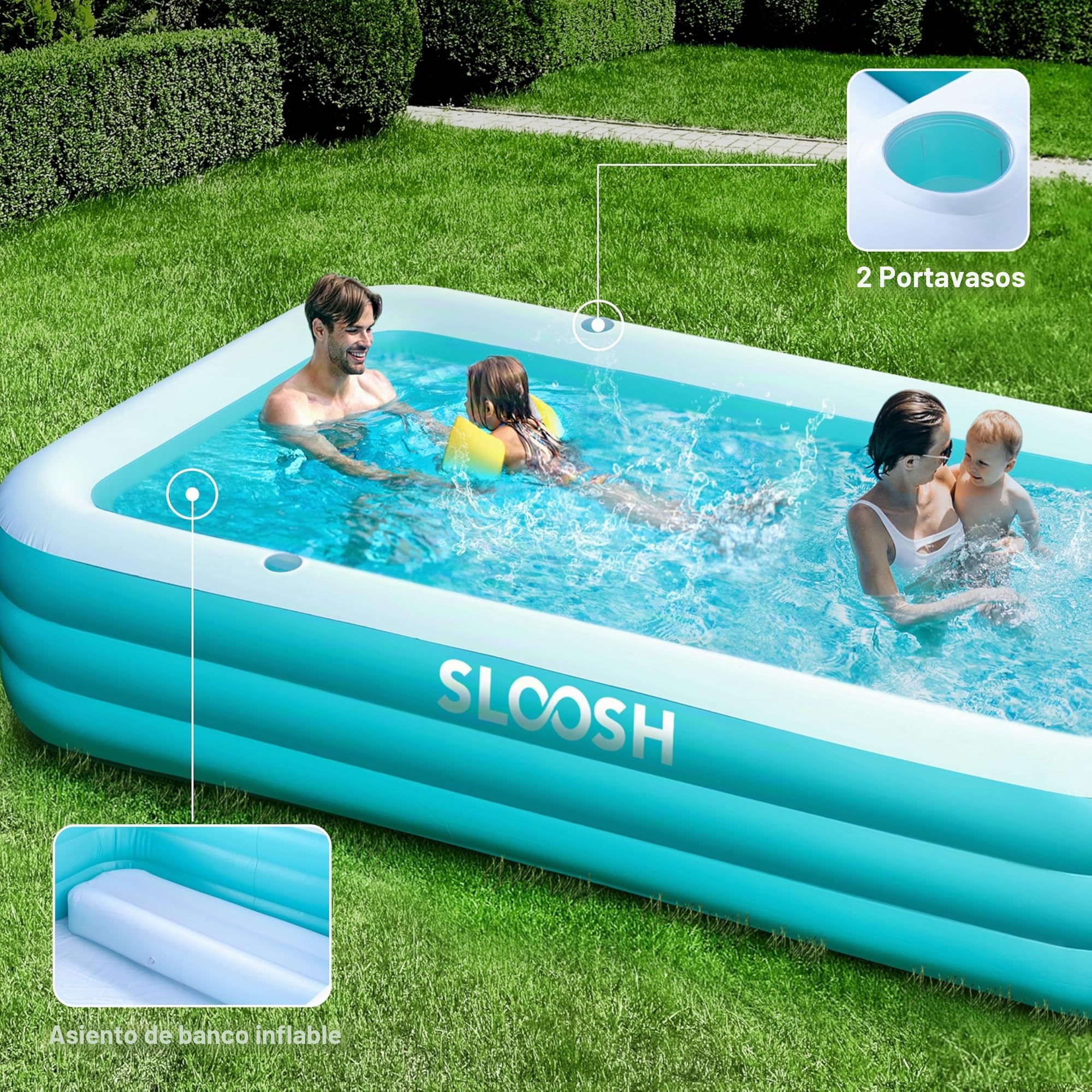 SLOOSH Piscina hinchable para adultos con asientos, 304,8 x 182,9 x 55,9 cm, tamaño natural, inflable, duradera, gruesa, gran piscina para jardín, césped, fiesta acuática de verano, cian