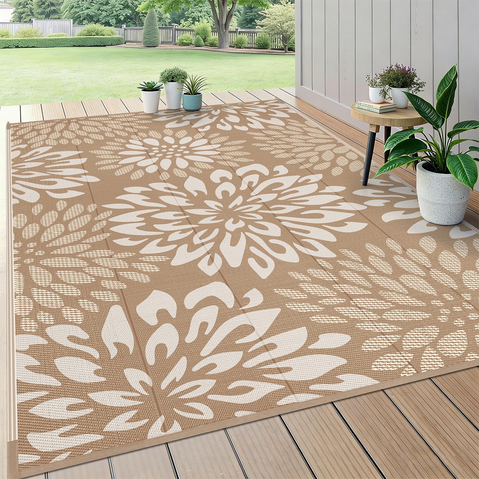 HEBE Waterproof Outdoor Rug 6'x9', Floral Reversible Plastic Patio Rug