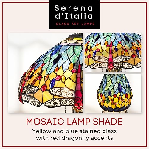 Miniatura 4 de Serena D'italia Elegante lámpara de mesa estilo Tiffany con libélula de cristal azul y rojo con base iluminada, hecha a mano en el estilo antiguo de