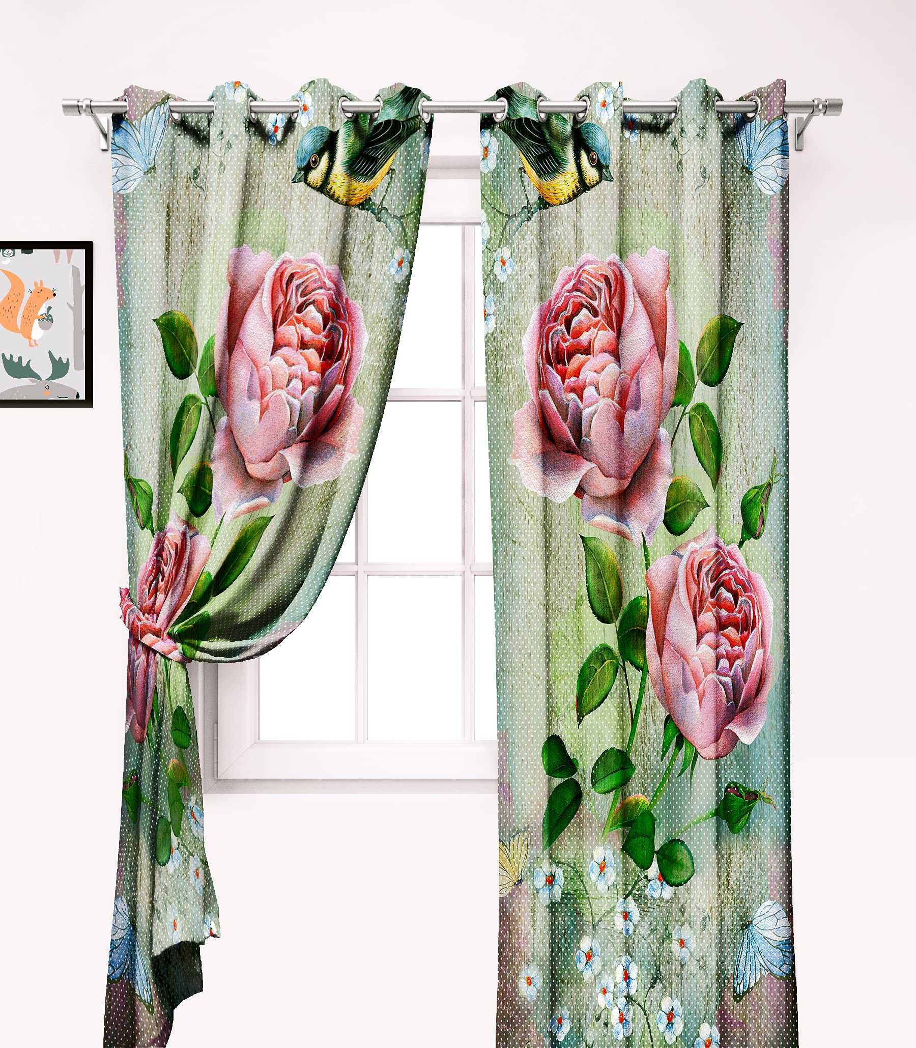 Ultimate Trends Premium Polyester 3D Floral Printed Grommet Curtains for Window, 10 feet, Pack of 2 Piece ,Peach and Green, (UTCR-1188_LF_A)