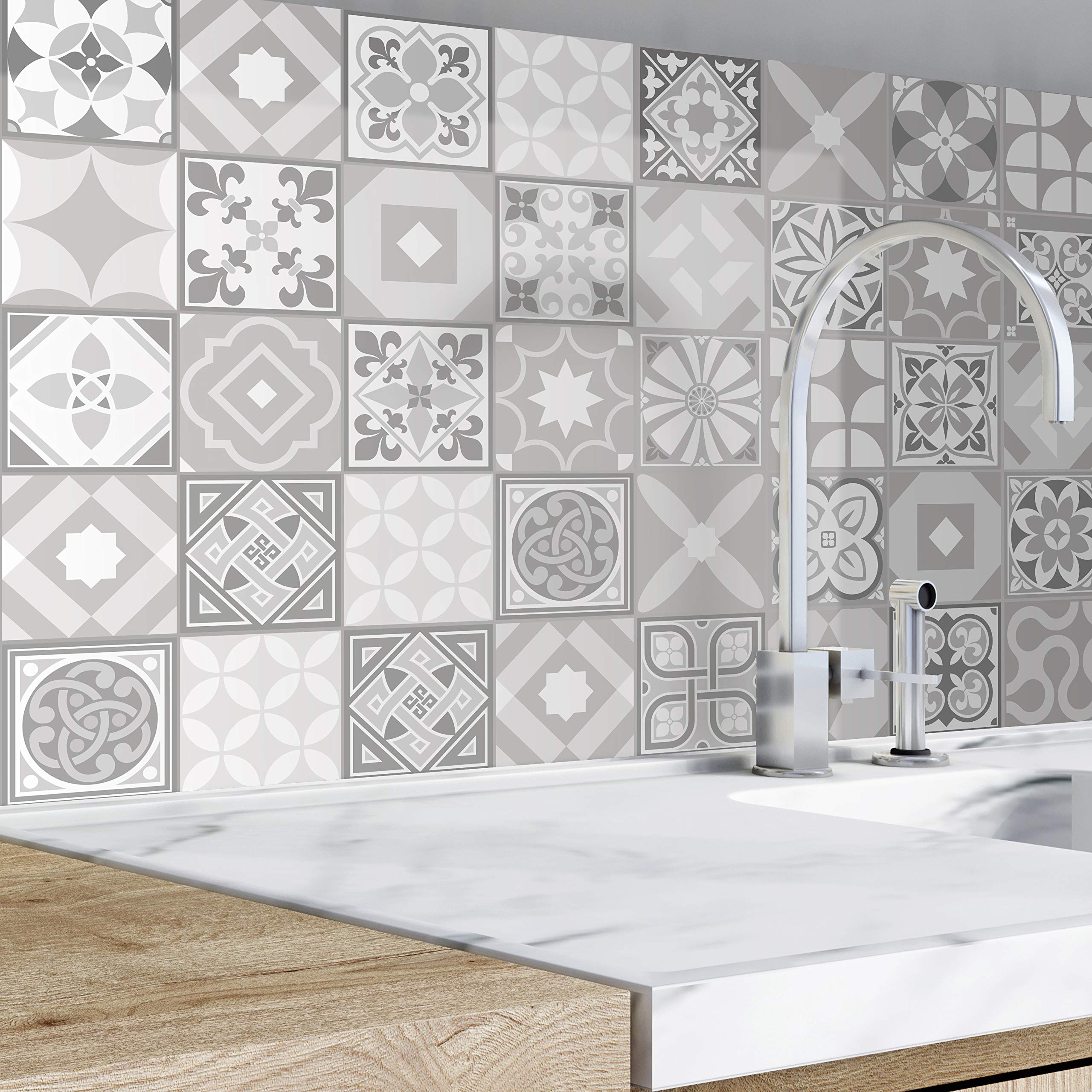 WALPLUS15cm(6") 48 pcs Tile Stickers Capella Limestone Tiles Peel and Stick Backsplash Self-Adhesive Decals Vinyl Home Decors DIY Splashback for Kitchen Bathroom Tile Paint Stick on Tiles Transfer