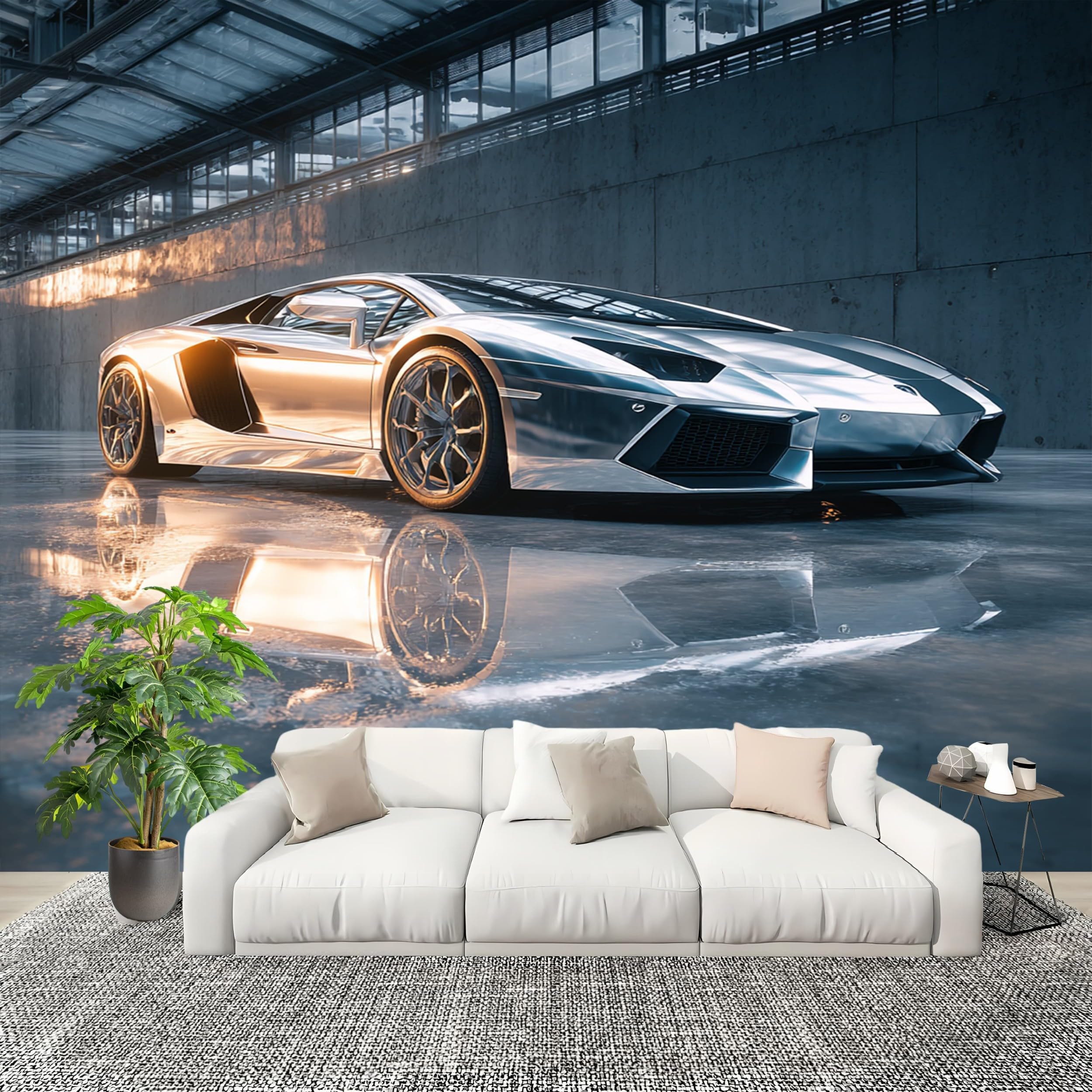 Papier Peint Intissé Mural Photo 350x256 cm Supercar Moderne Et Cool Panoramique Poster Fresque Murale Maison Bureau Restaurant Argent Intérieure Décoration Papier Peint