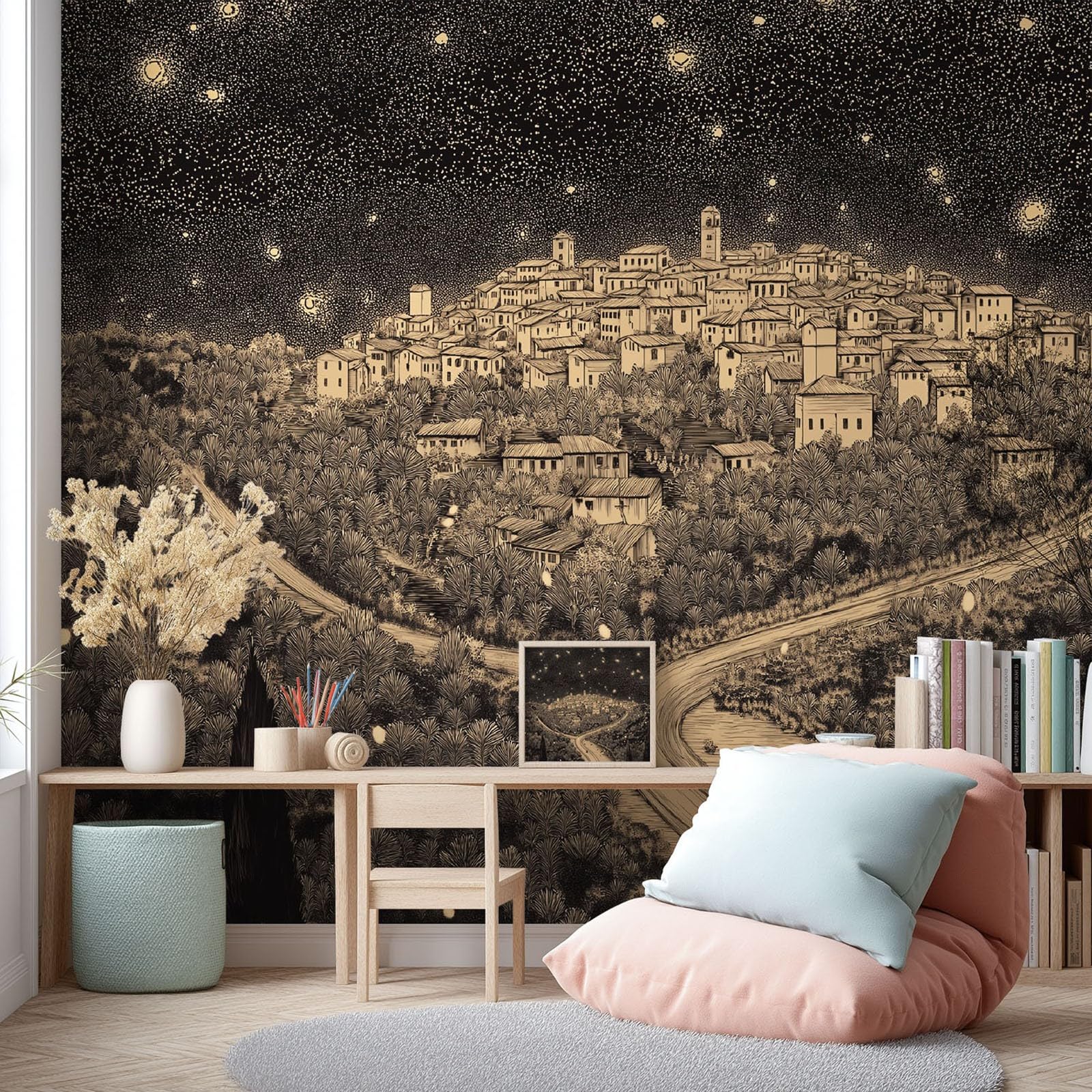 Générique Fototapeta 250 x 175 cm, romantyczna noc vintage, europejskie miasto, gwiaździste niebo, wir, do korytarza, biura, ciemnoszara, dekoracja ścienna
