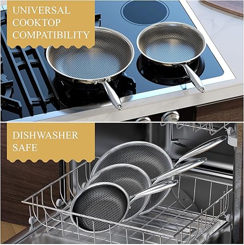 Miniatura 5 de BIELMEIER Sartén antiadherente de 8, 10, 12 pulgadas, sartén de acero inoxidable con tapa de vidrio templado, sartén de fondo plano para cocinas de