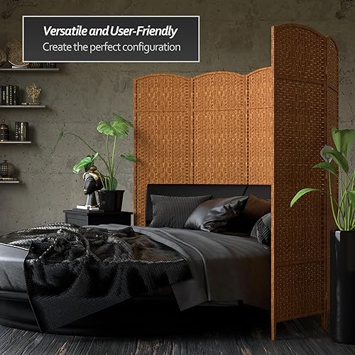 Miniatura 42 de Divisor de ambiente resistente de 6 pies, pantalla de privacidad plegable de fibra de ratán con patrón de diamante, Madera, Natural Natural,Mocha