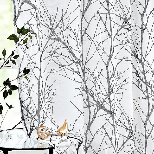 Tree Branch Semi -Sheer Curtain Set Living Room White and Black Sheer Curtains 90 inch Privacy & Light Filtering Linen Textured Eyelet Curtains Botanical Pattern Drapes for Balcony 50"wide 2pcs