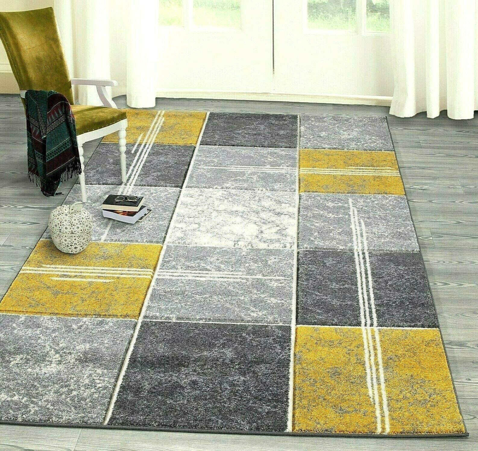 Small Large Mustard Ochre Silver Grey Modern Soft Thick Squares Blocks Design Carved Rugs Long Hall Runner Mats (6 (60x120cm)
