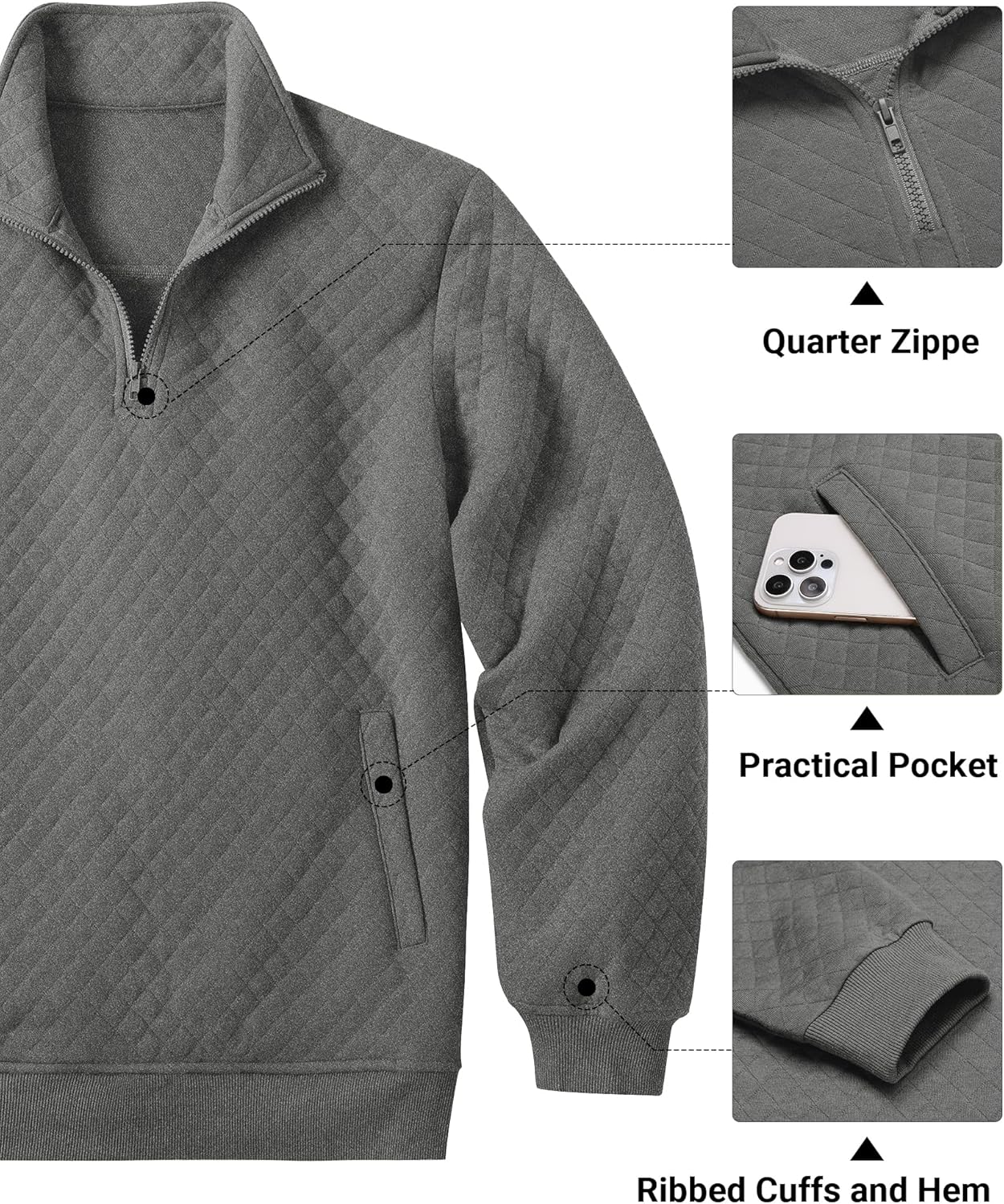 COOFANDY Mens Quarter Zip Pullover Quilted Sweatshirt Knit Long Sleeve Mock Neck Sweater Polo with Pocket - Image 5
