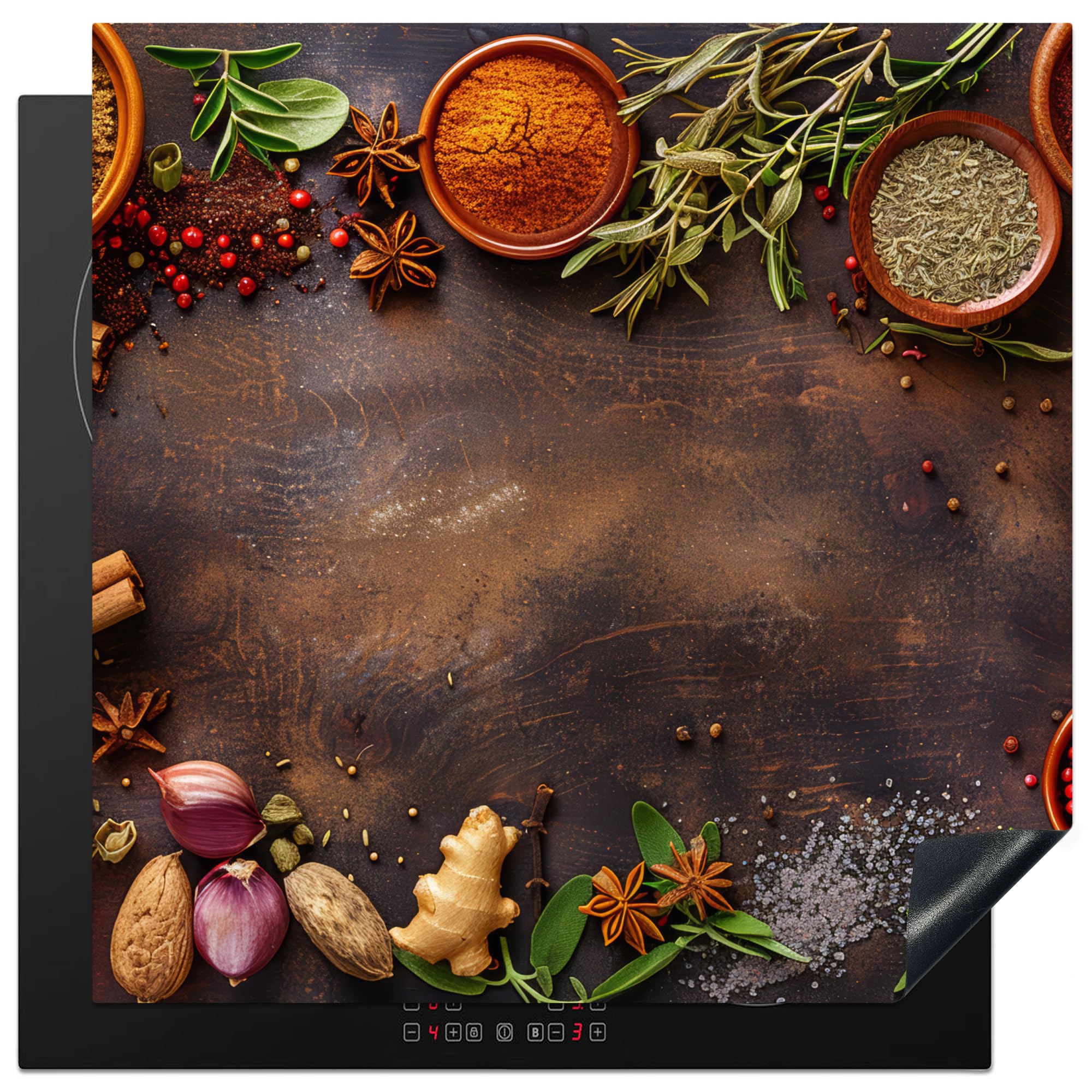 KitchenYeah© Induction Hob Protector Mat 30.7"x30.7" / 78x78 cm Cooker Top Protectors Cover Ceramic Covers Electric Hobs Vinyl Spices - Herbs - Cinnamon Sticks - Wood Print
