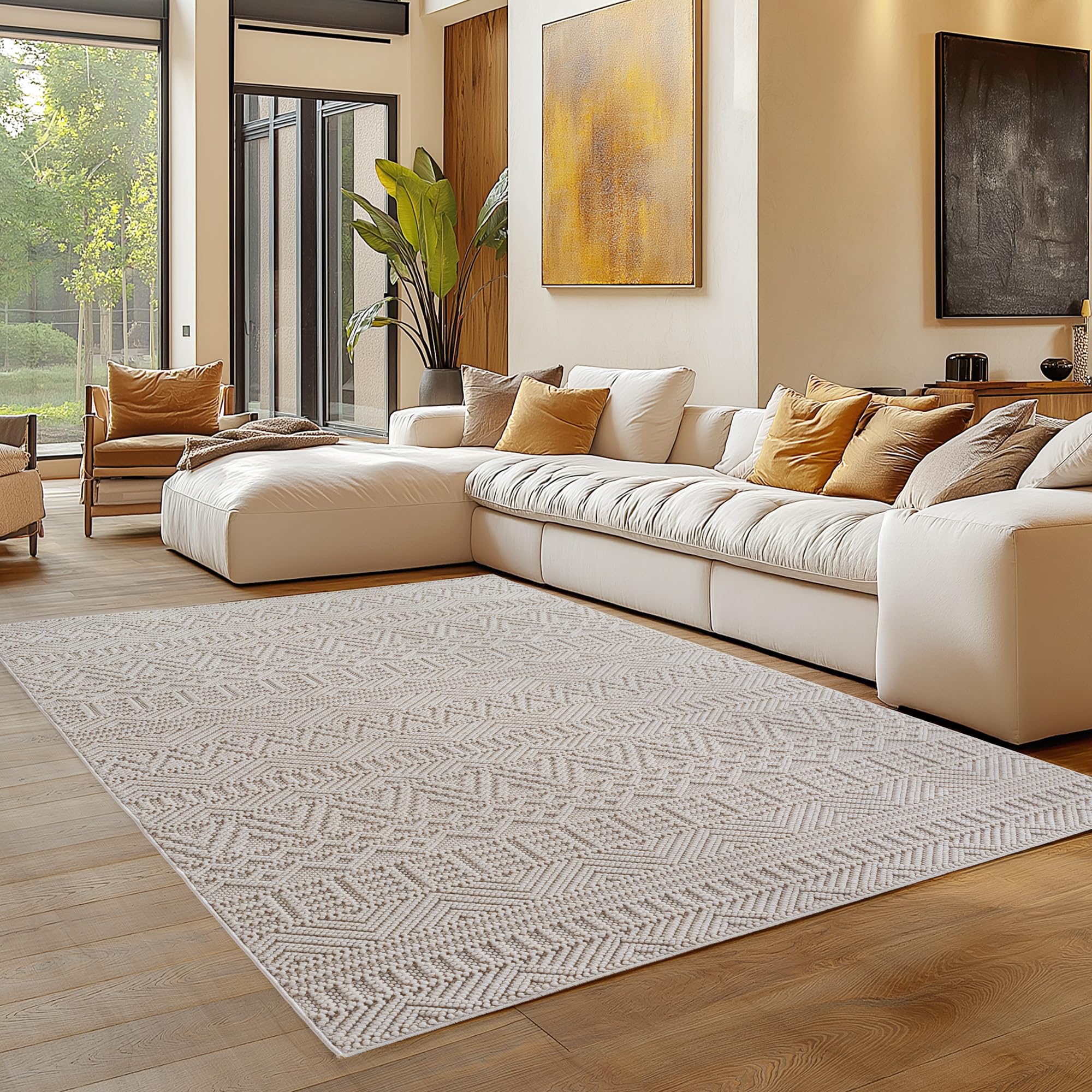 Tapis salon crème facile à nettoyer 200x290 grand modèle bouclé résistant