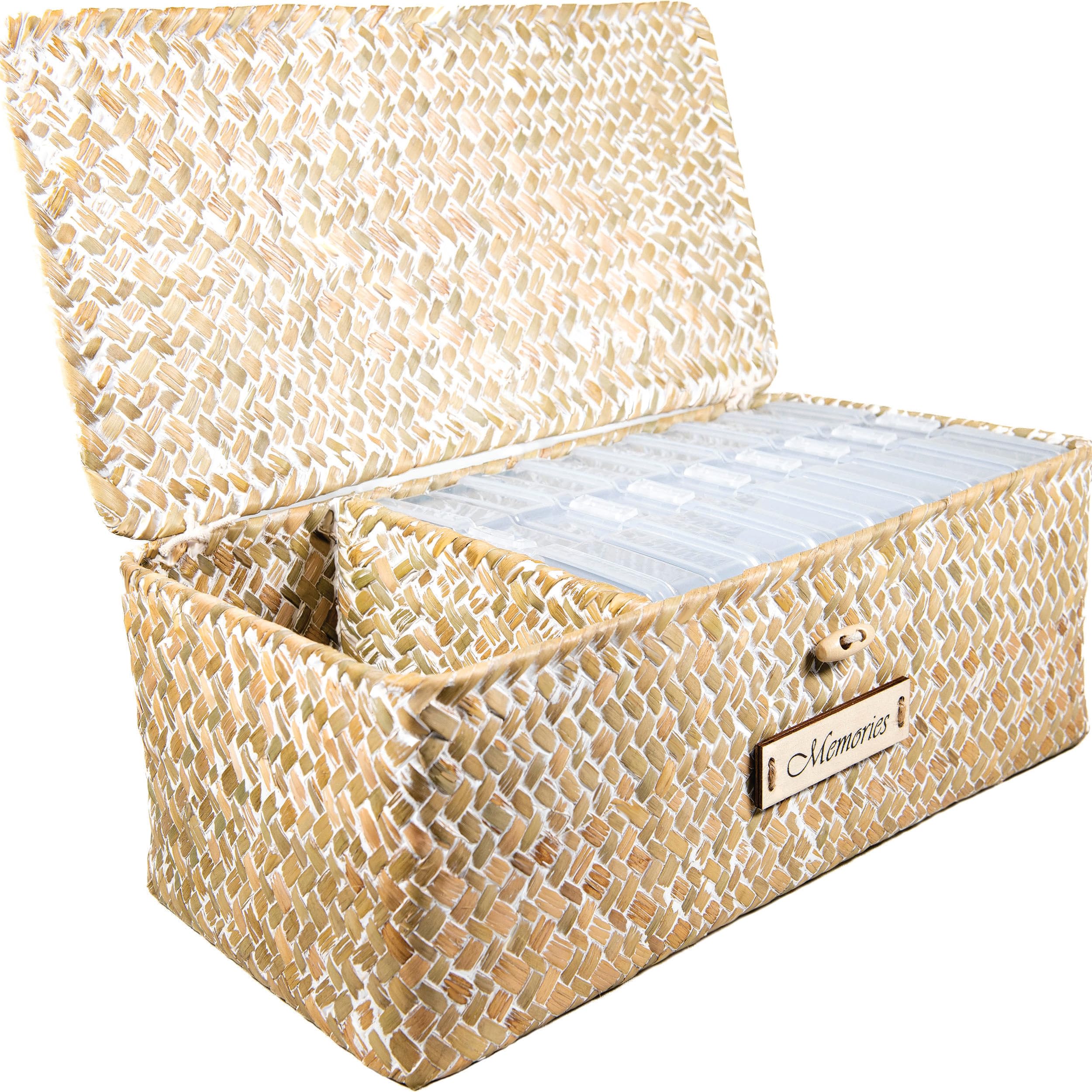 MATJAZ BIZJAK Archival Photo Storage Box - 8 Inner 4x6 Plastic Photo Case Keeper Organizer - Natural Hand Crafted Storage Box for Pictures Stickers Stamps - Seagrass