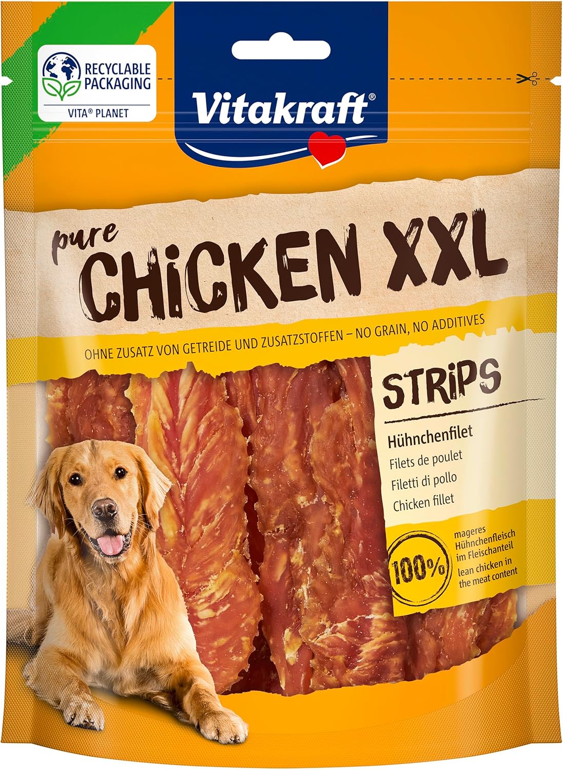 Vitakraft Pure Chicken XXL Streifen, Hundeleckerli, Hähnchenfilet, Trainingssnack für Hunde, ohne Zusatz von Zucker und Getreide (1 x 250 g)