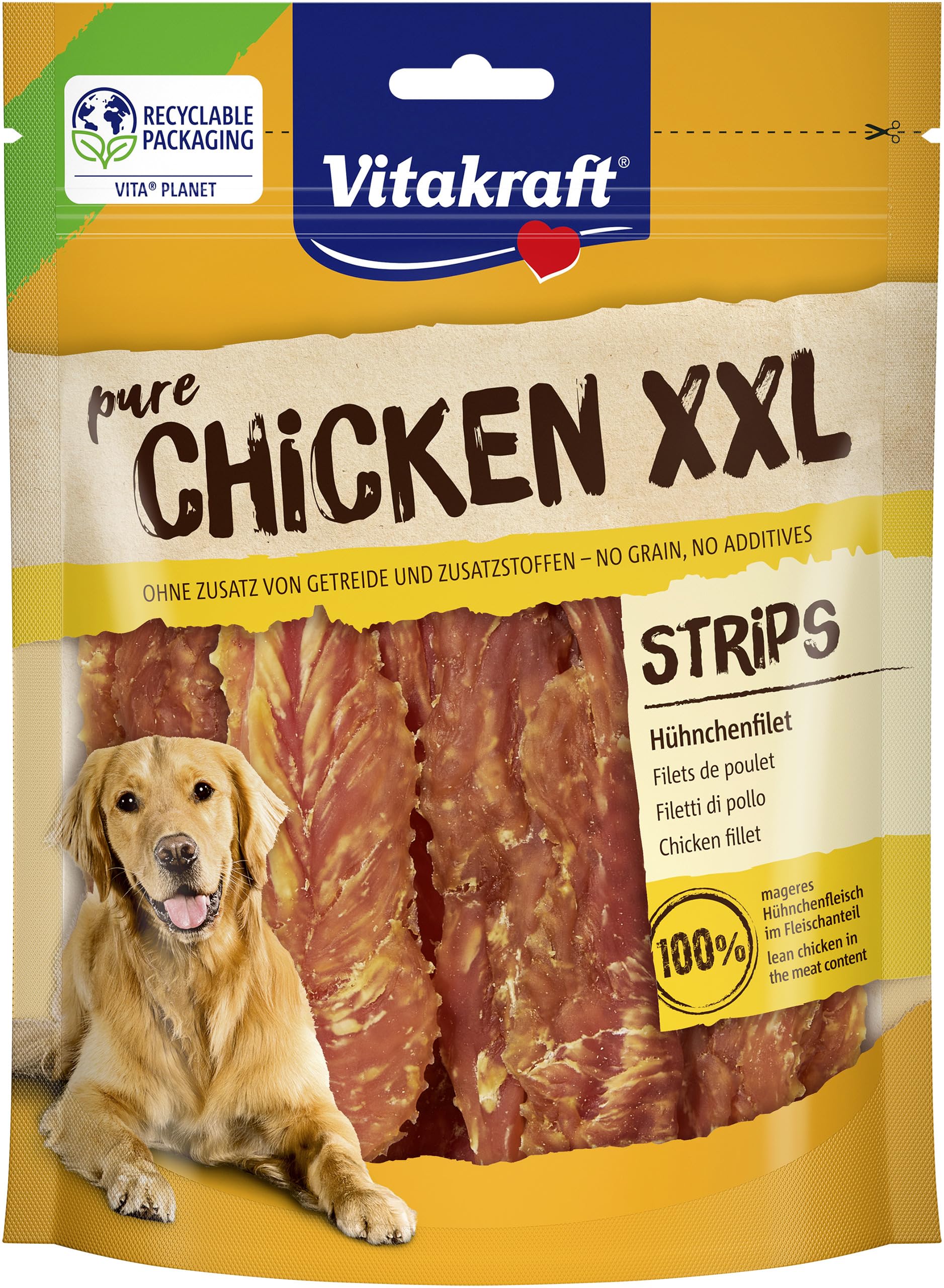 Vitakraft Pure Chicken XXL Strips, Hundeleckerli, Hühnchenfilet, Hunde Trainingsleckerli, ohne Zusatz von Zucker und Getreide (1x 250g)