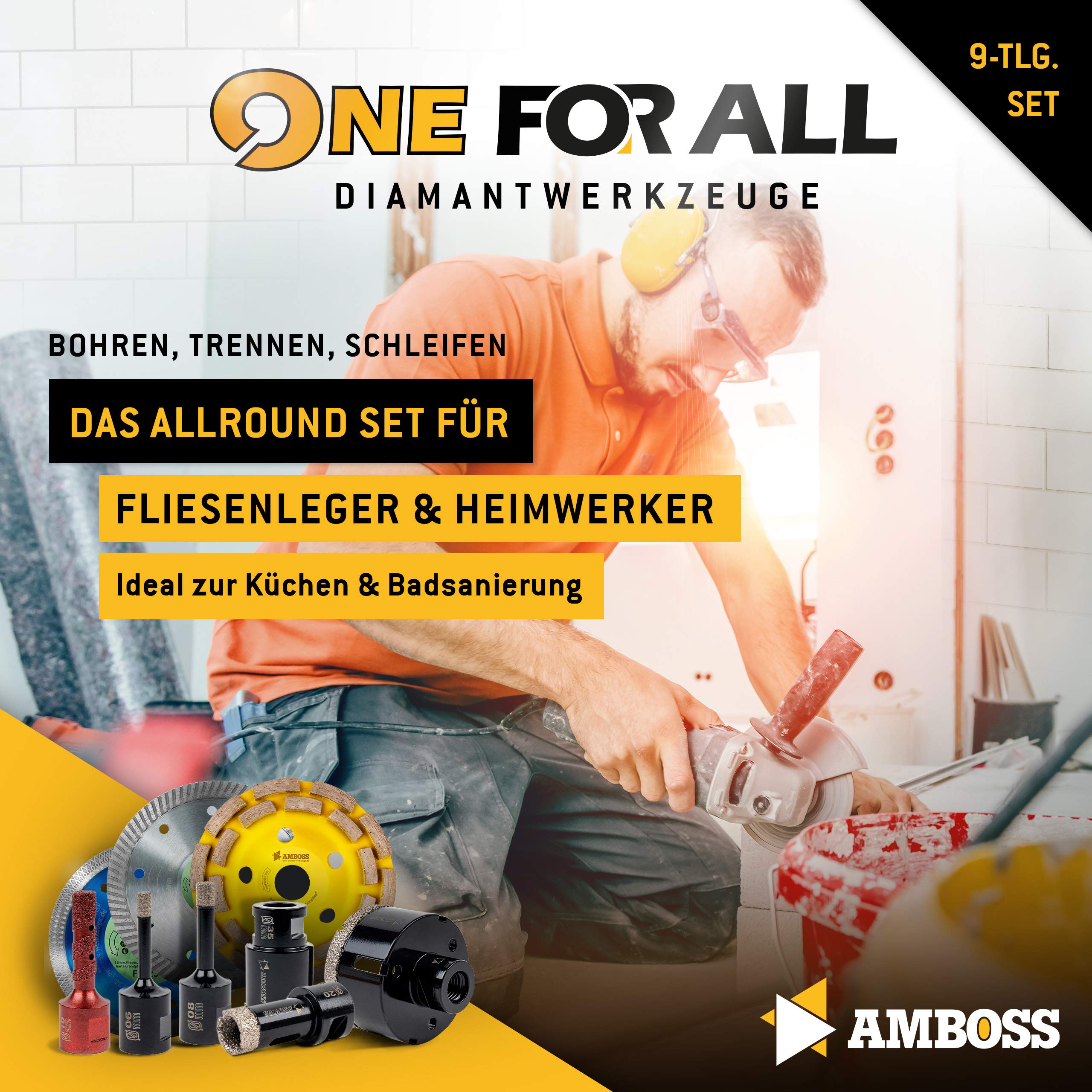 Amboss - Set Diamant-Lochsägen + Trennscheiben + Schleiftopf/One For All Set 9 / Ø 6-125 mm/perfekt für Sanierungen im Küchen- und Sanitärbereich/geeignet für Winkelschleifer
