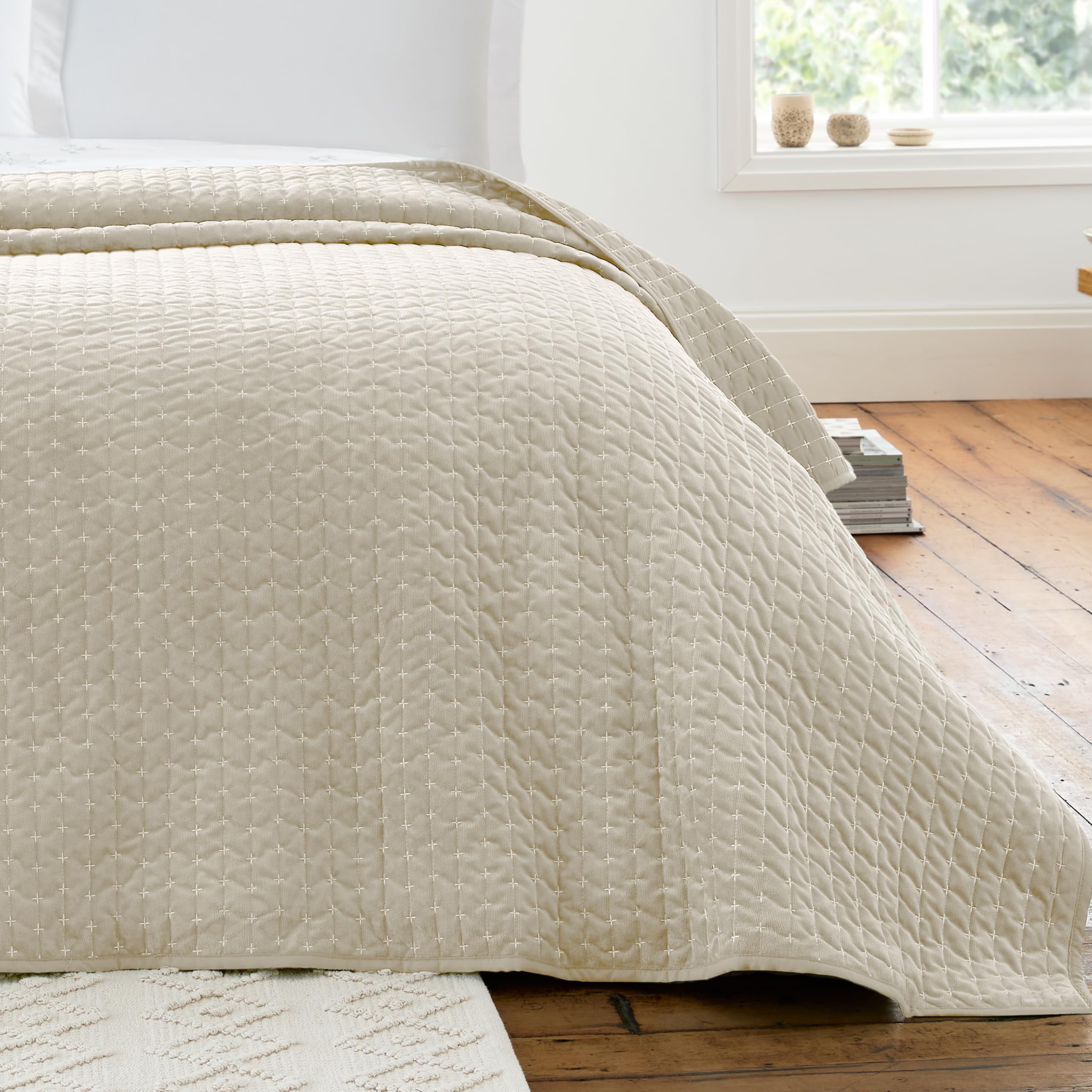 Bianca Attica Velvet Embroidered 240x260cm Bedspread Natural