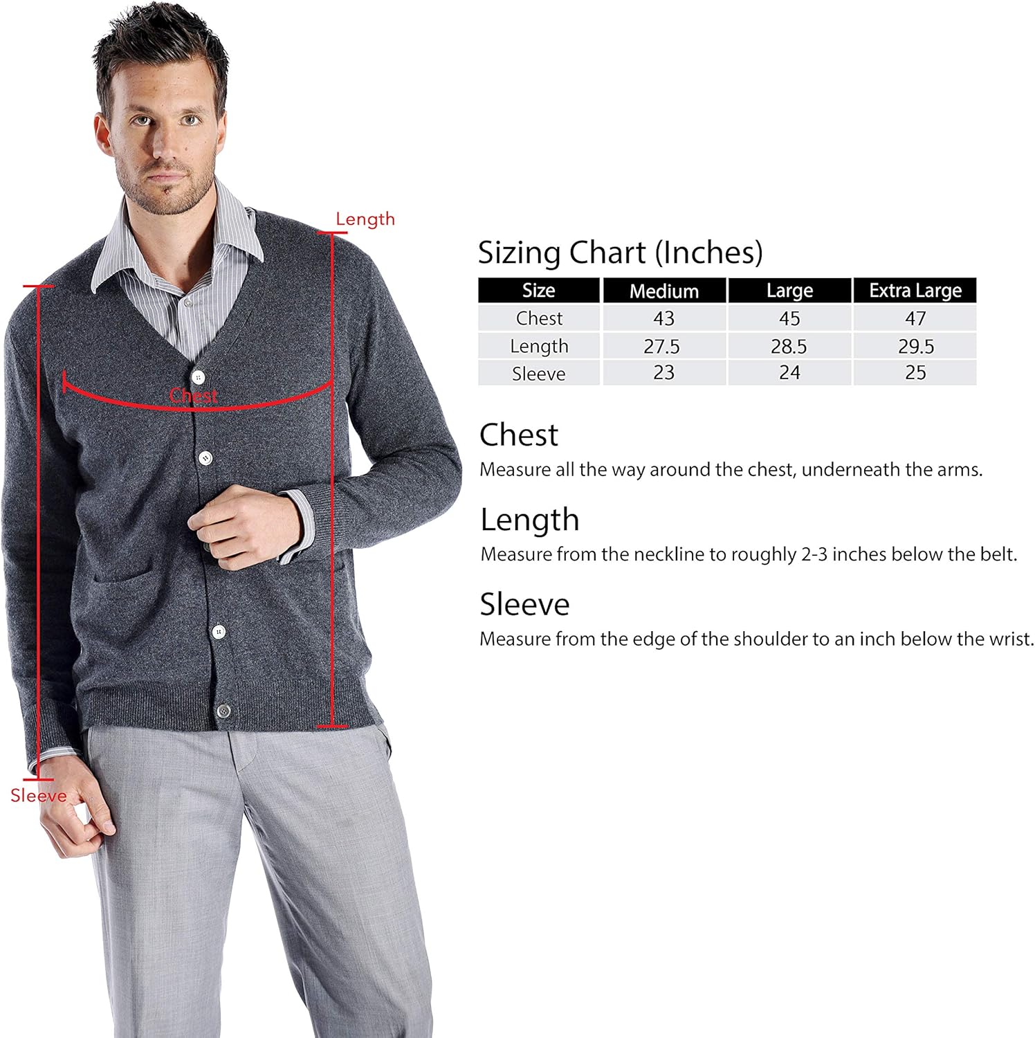 Cashmere Boutique: Men's100% Pure Cashmere Button Front Long Sleeve Cardigan Sweater with PocketsColor: Charcoal Gray, Size: Large - Image 6