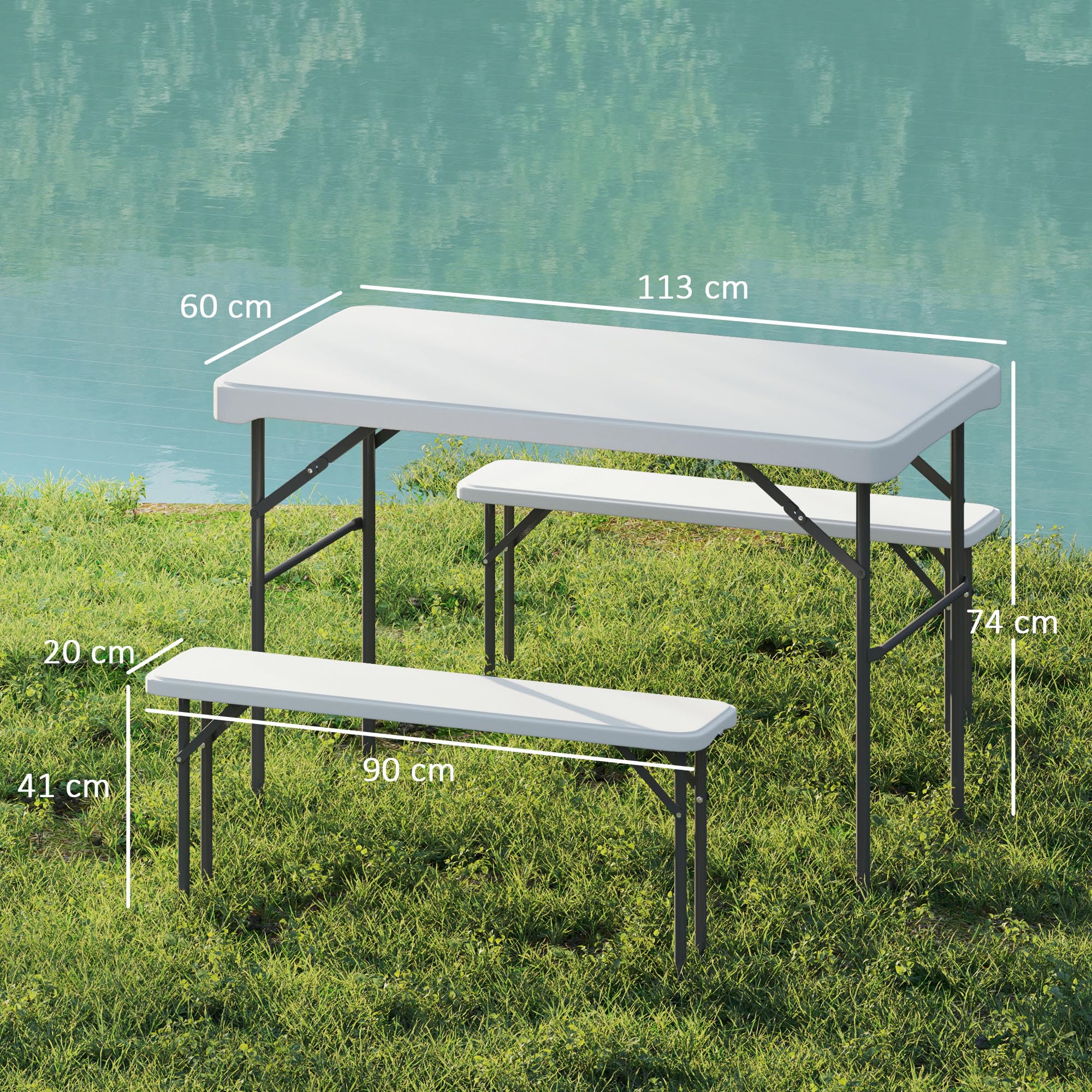 Outsunny Set tavolo pieghevole e panche da picnic 113 cm, tavolo da campeggio pieghevole con sedie portatili con maniglie per il trasporto, pieghevole, grigio chiaro