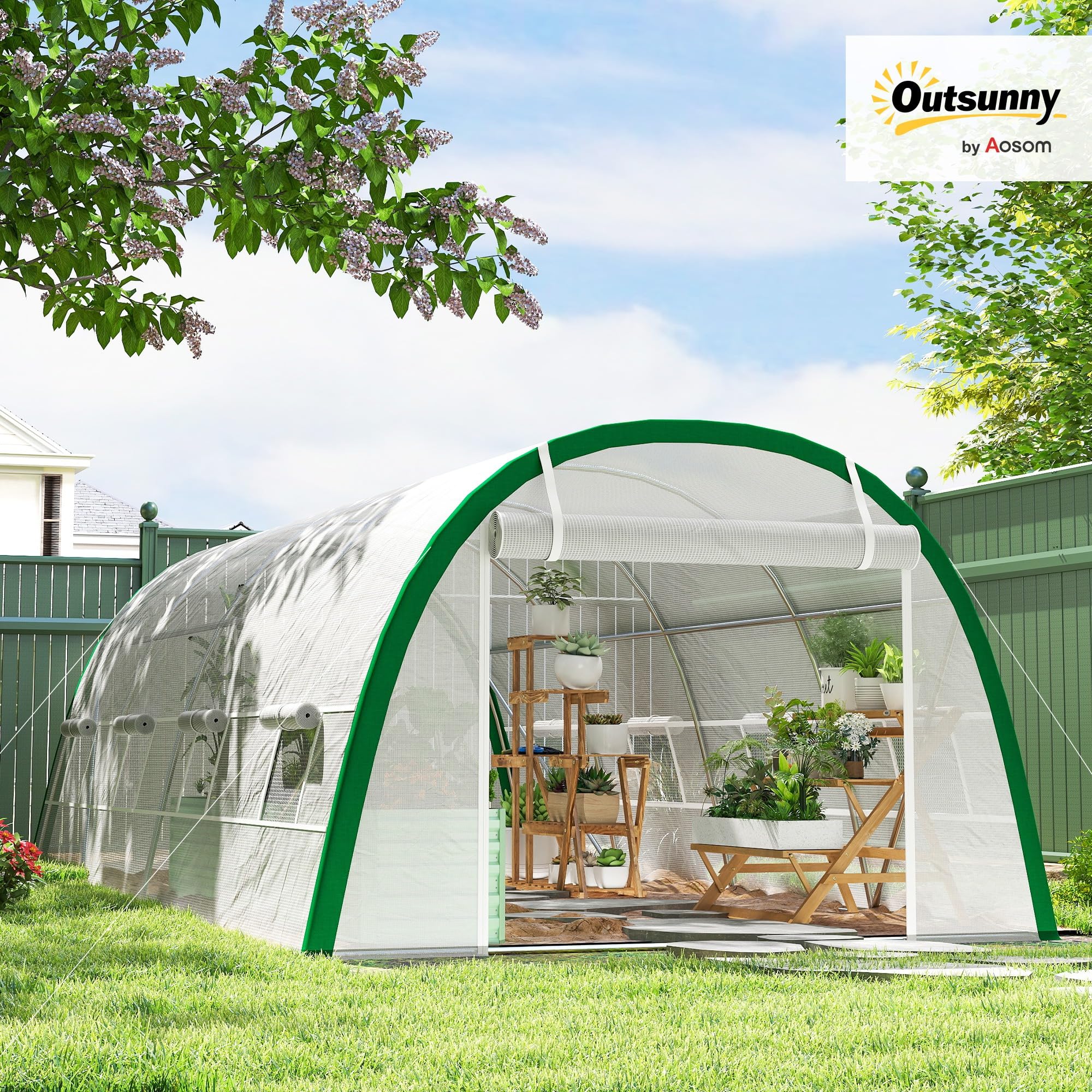 Outsunny Invernadero de Exterior 6x3x2 m, Invernadero de Túnel con Puerta Enrollable, 8 Ventanas de Malla, Cubierta PE 140g/m², Marco de Acero Galvanizado, Anti-UV, para Cultivos, Plantas, Blanco
