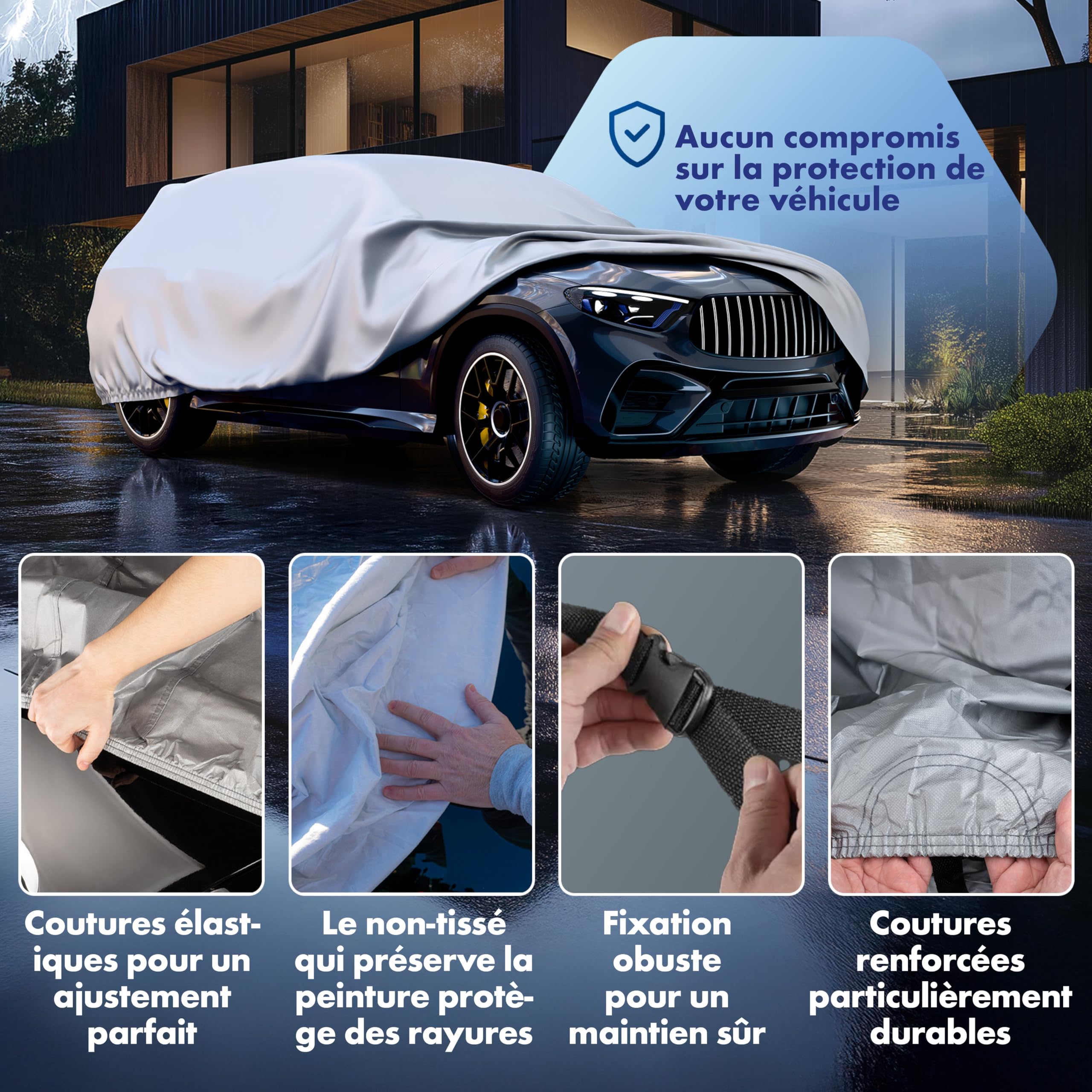 WALSER Bâche Voiture/Housse de Protection Auto Extérieure All Weather Basic - 100% Imperméable et Résistante aux Intempéries, Protection UV, Neige et Poussière, Taille 8, Argent