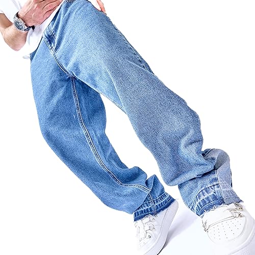 Miniatura 5 de WEIBUMAOYI Pantalones vaqueros de pierna ancha para hombre, pantalones de mezclilla de carpintero de pierna recta, pantalones holgados