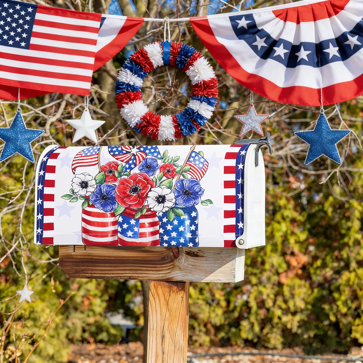 4th of July Mailbox Covers Magnetic Standard Size 18" x 21", Patriotic Mailbox Cover Red and Blue Floral Mailbox Post Letter Box Cover for Independence Day Memorial Day Garden Yard Decor