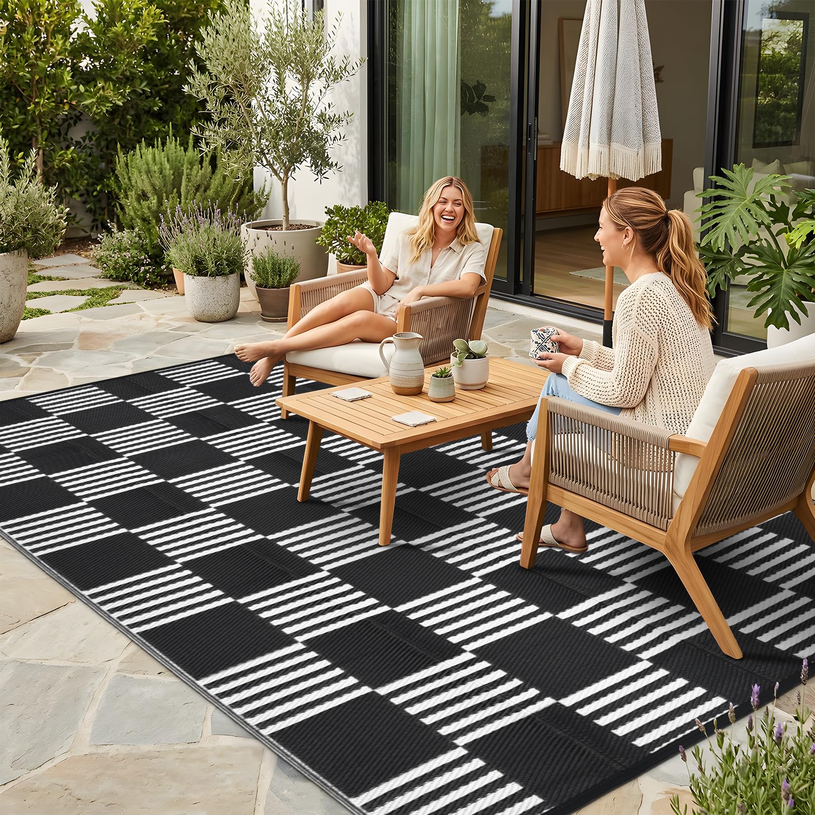 Garvee Waterproof Outdoor Rug 6x9, Checkered Foldable Plastic Straw Patio Camping Rug, Outdoor RV Carpet for Deck Camper Porch Balcony Backyard Picnic