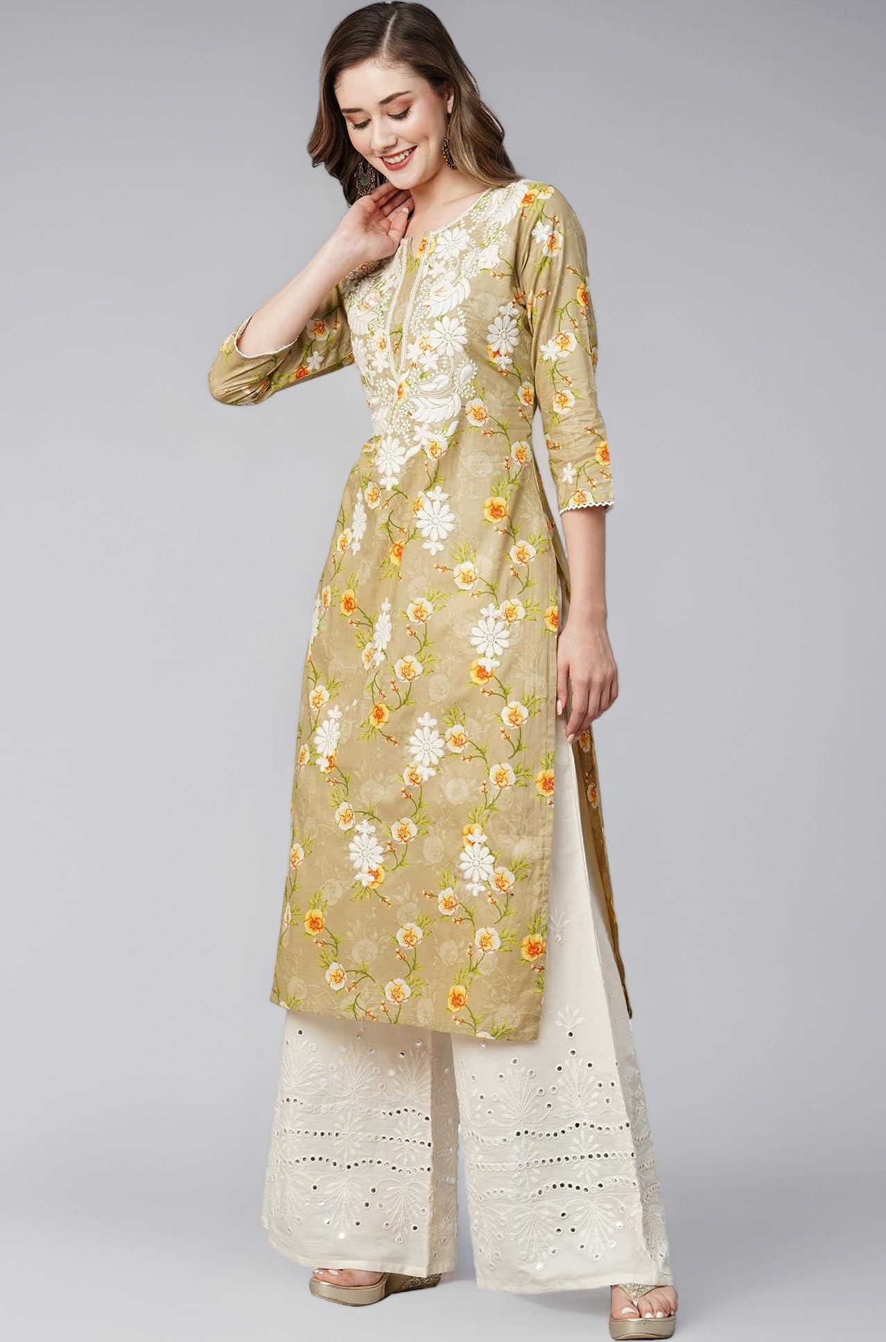 RATAN Women's Mulmul Cotton Printed Straight Lucknowi Chikankari Ethinic Wear Kurta