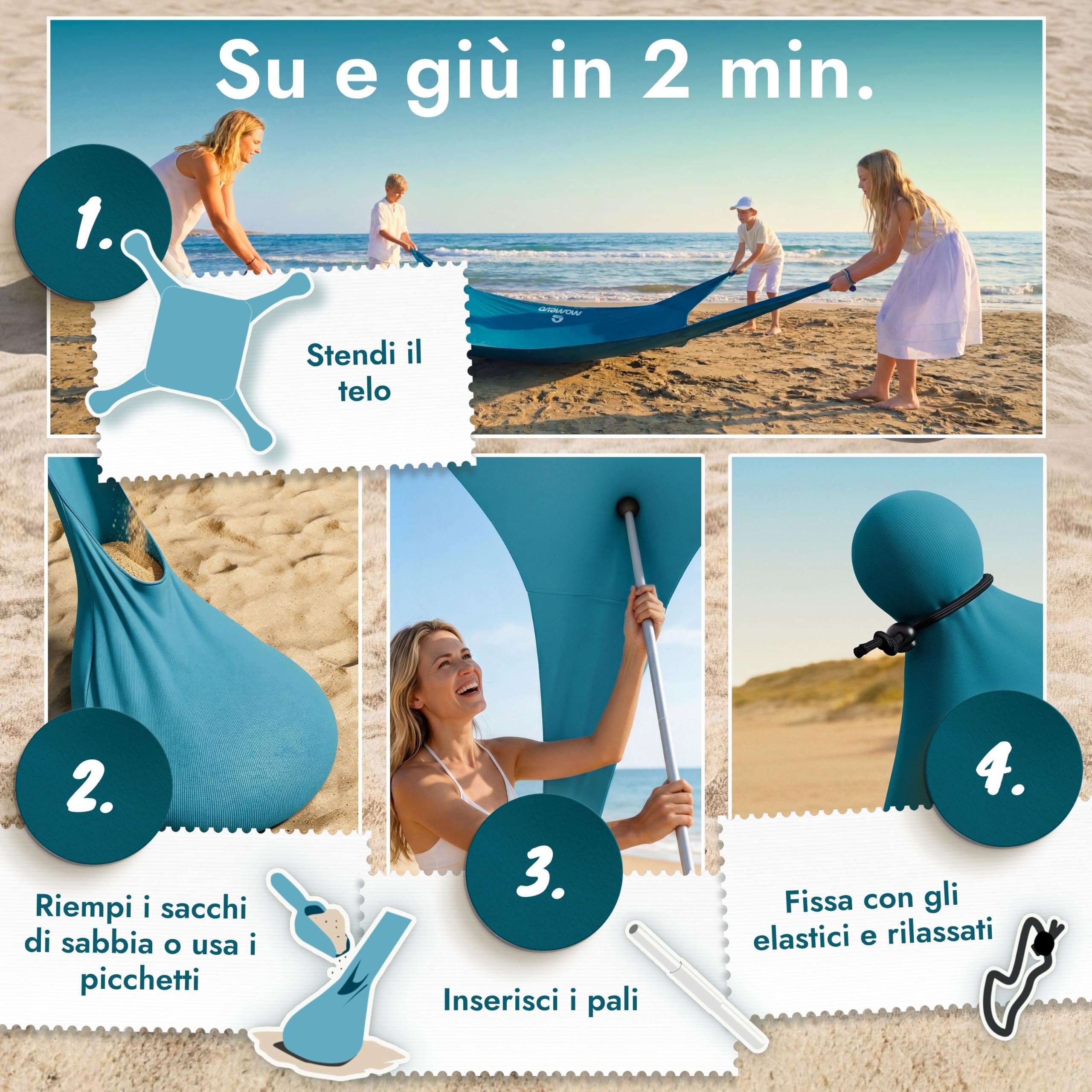 Sunsail Tenda da Spiaggia UPF50+ – Parasole ideale per mare e campeggio (fino a 6 persone, blu petrolio)