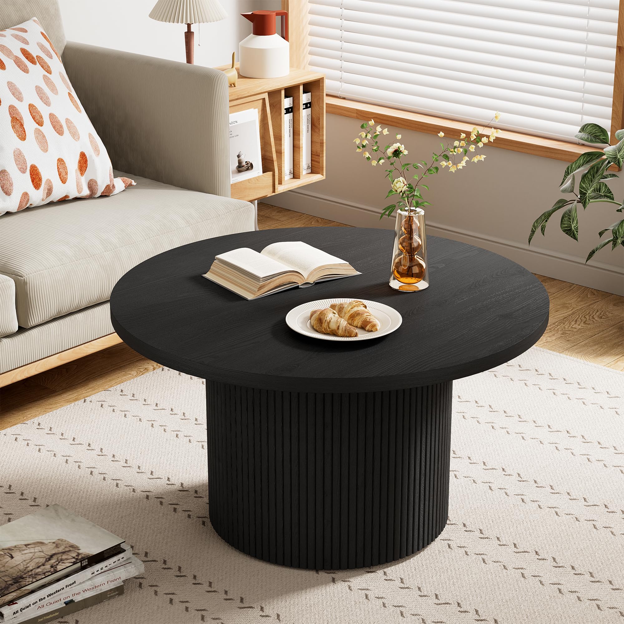 Round Coffee Table, 35.4" Circle Wide Coffee Table, Wood Table and Center Table for Living Room, Black