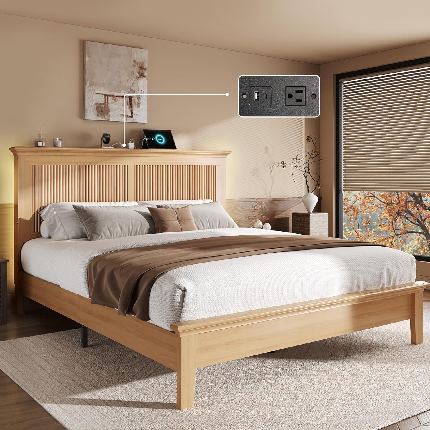 Lifezone Wood Queen Bed, Solid Wood Bed with Tall Headboard,