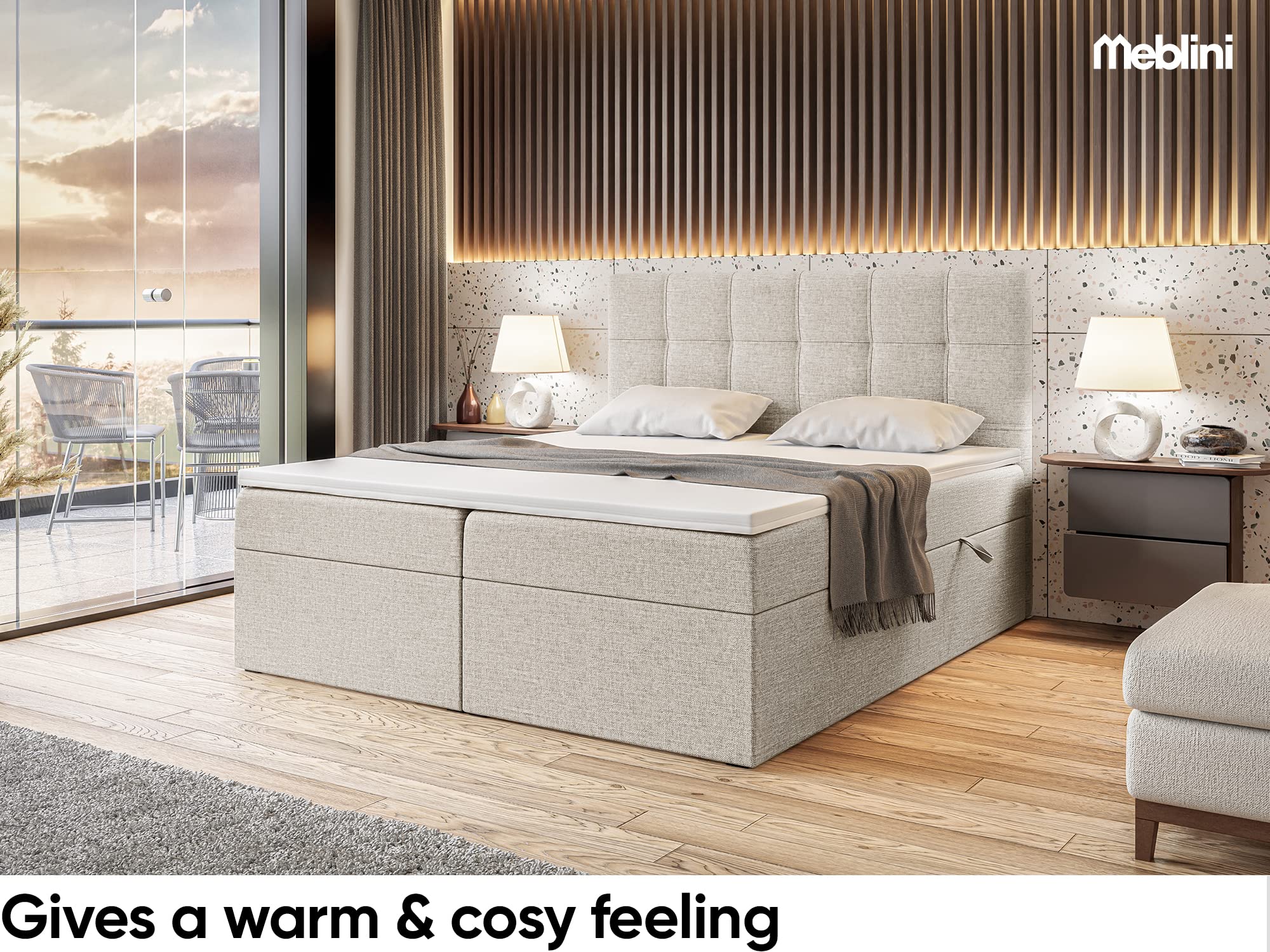MEBLINI Boxspringbett mit Bettkasten - 180x200 - Gepolstert Doppelbett mit Matratze und Topper - Polsterbett mit Stauraum - Bett mit Kopfteil - Stauraumbett - NILS - H3/Beige Webstoff