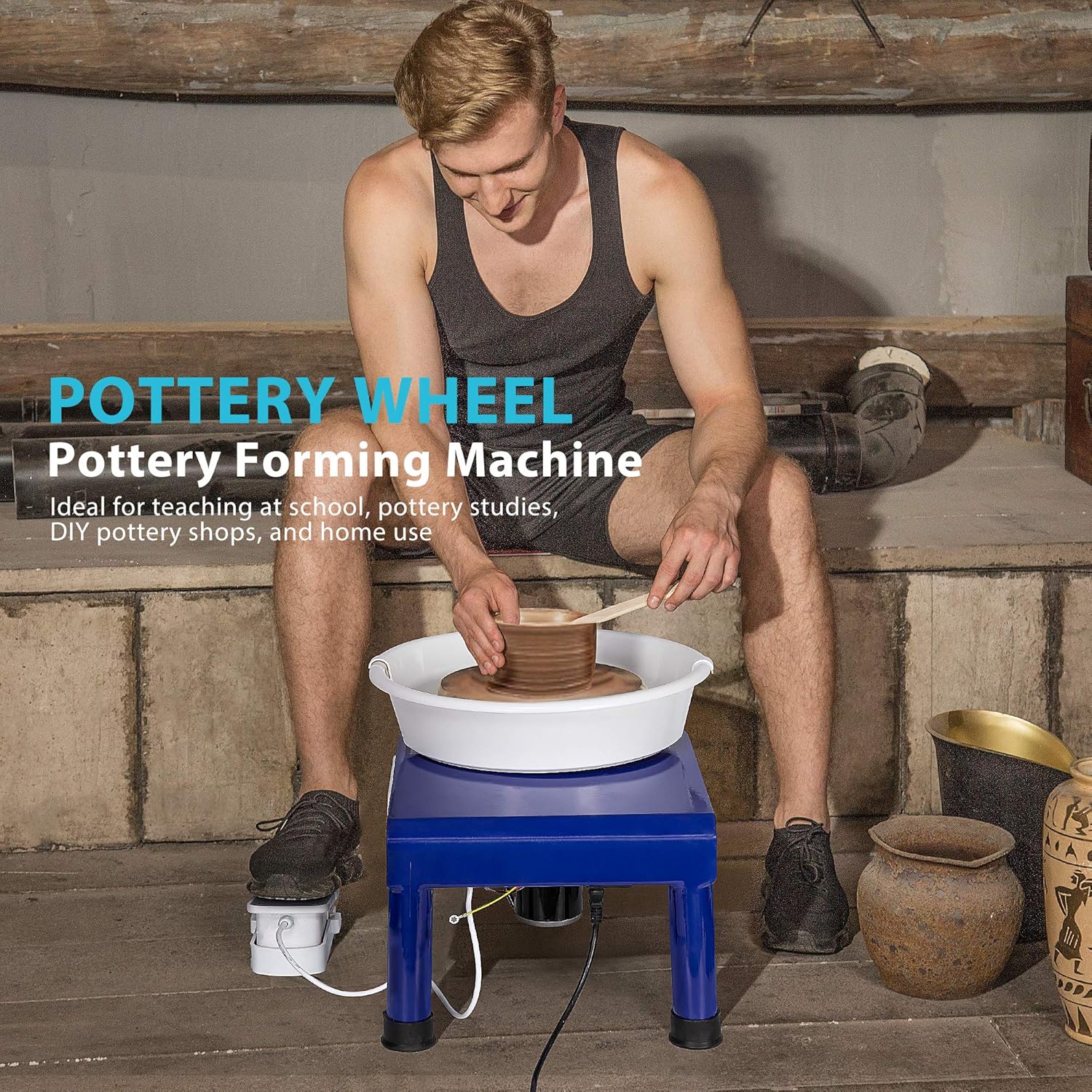 VIVOHOME 25CM LCD Touch Pottery Wheel Forming Machine 350W Electric DIY Clay Tool with Foot Pedal and Detachable Basin for Ceramic Work Art Craft Blue