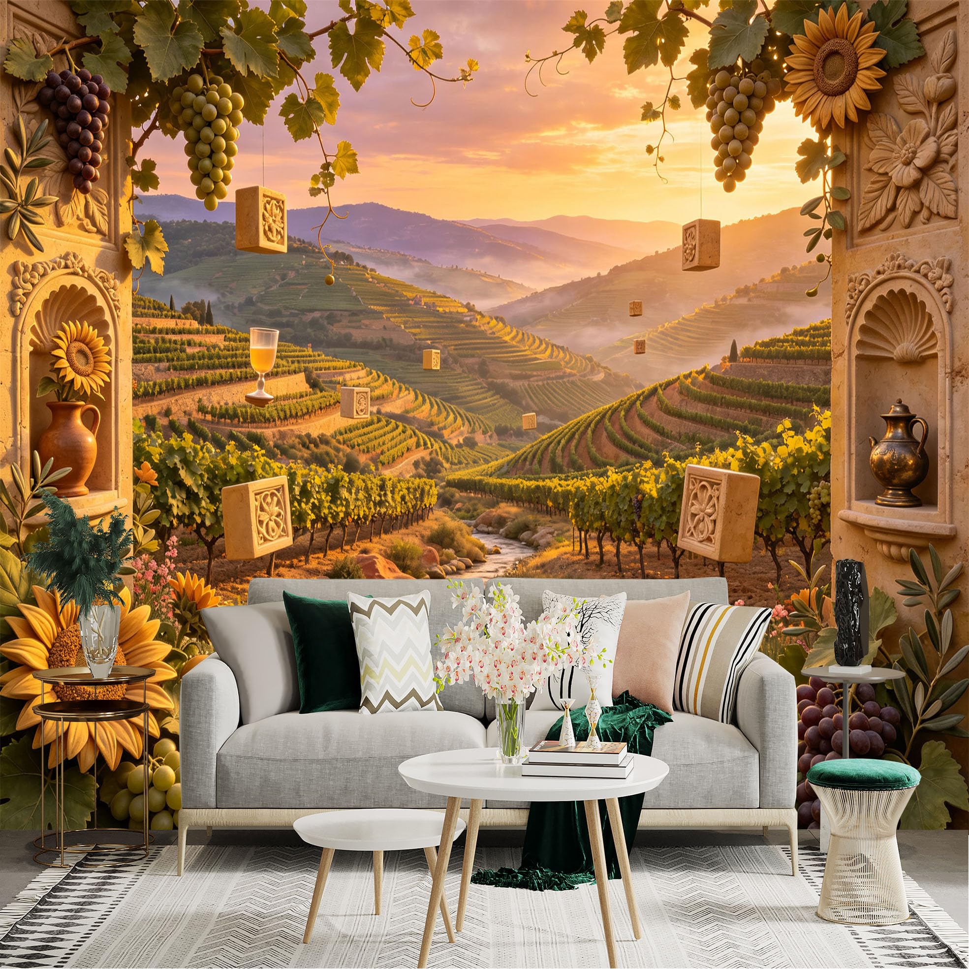Lnzczhyre Bh260719176 Custom Size Wall Sticker Mural， Vineyard Landscape With River， Sunset Scenery And Sunflowers， For Wall Decoration， Peelandstick Wall Decals.