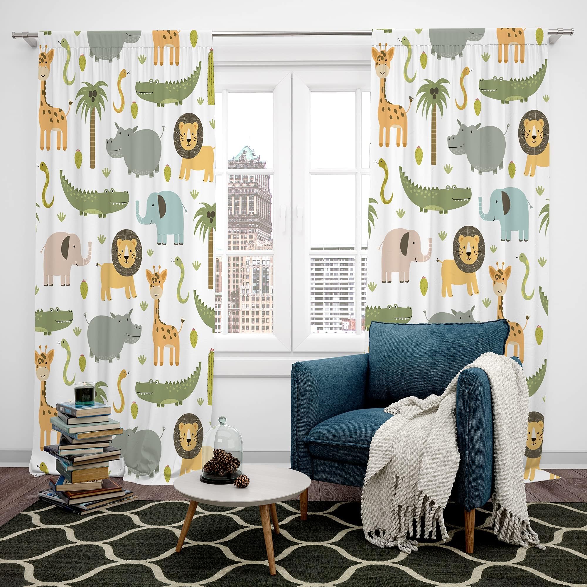 MESHELLY Baby Boy Safari Animal Curtains 52W X 84H Inch Rod Pocket Kids Room Decor Woodland Jungle Cartoon Lion Elephant Printed for Nursery Playroom Living Room Bedroom Window Drapes Fabric