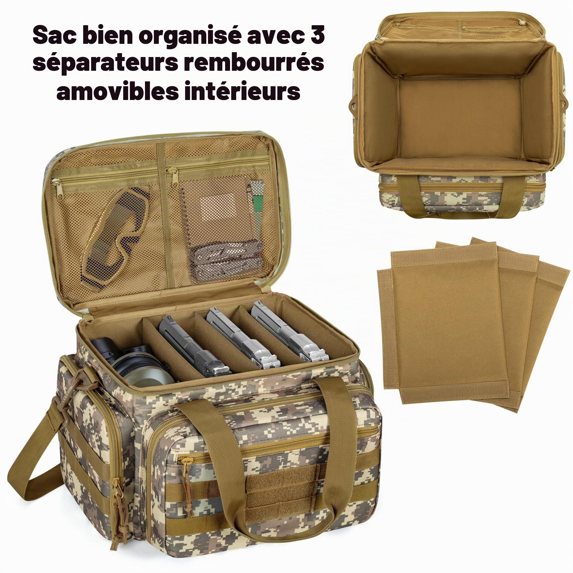 DSLEAF Sac de Tir pour Pistolet pour 4 Armes de Poing, Étui Souple Sacoche Tactique pour 6 Compartiments Chargeurs, Pochette de tir avec Poches Supplémentaires pour Munitions et Indispensables