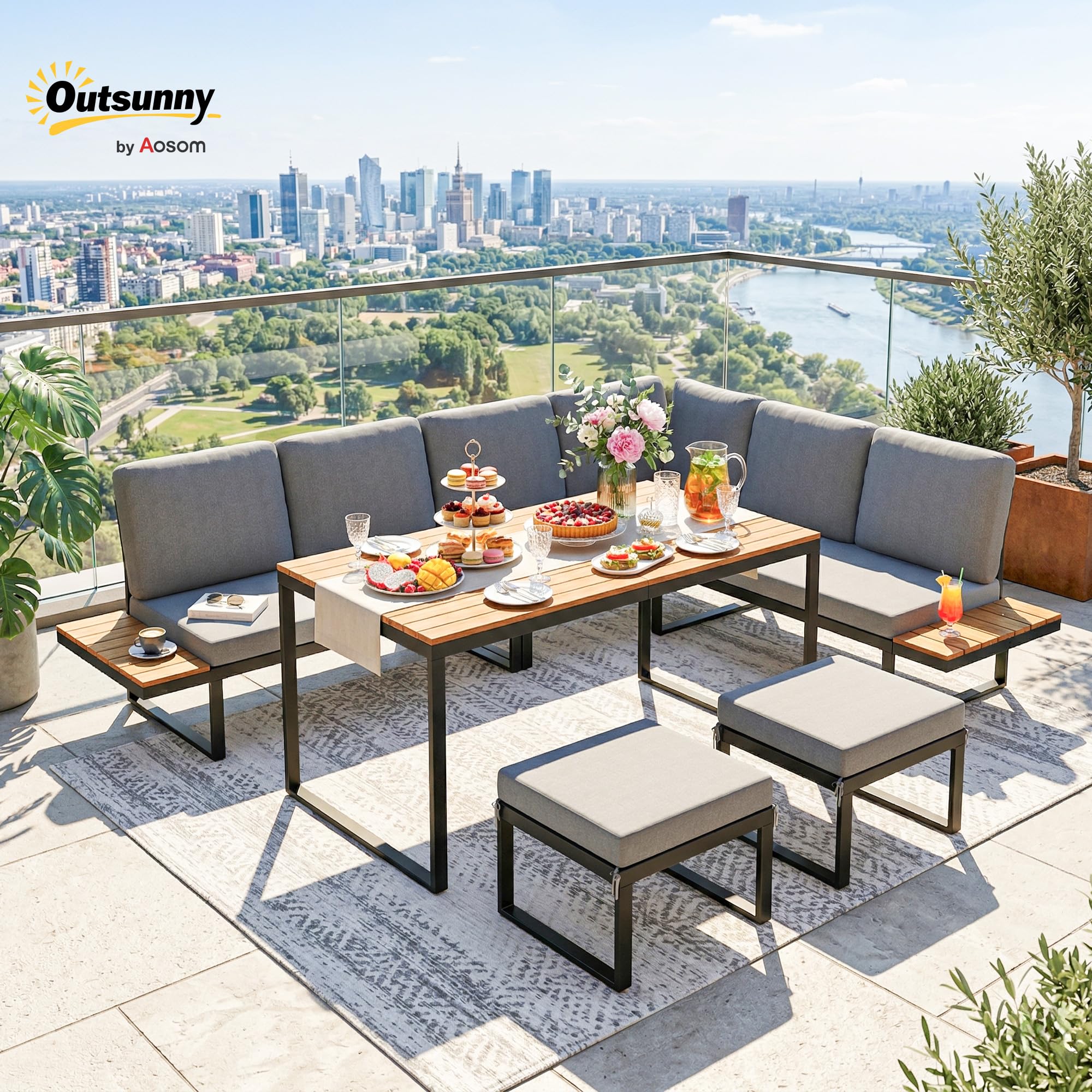 Outsunny Salon de Jardin Extérieur 6-8 Personnes Meuble de Jardin Gris | Aluminium, Table Haute Dînatoire, Canapé d'Angle, Plateaux Latéraux Bois Composite, Mobilier de Terrasse