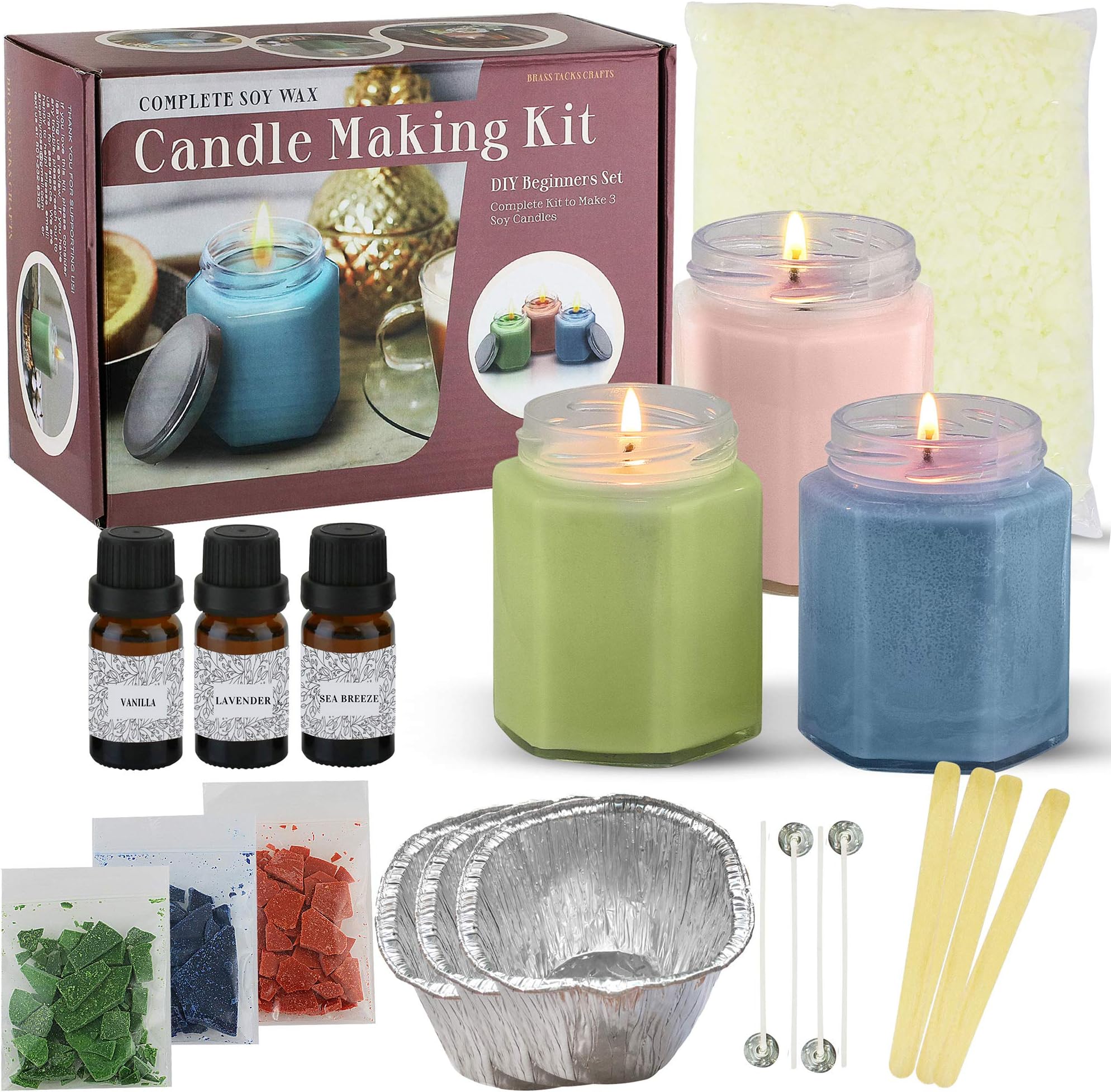 Candle Making Kit DIY Beginners Set Complete Soy Wax - Includes Candle Making Supplies to Make 3 Candles with Soy Wax, Premium Essential Oils, Jars, Color Dye Chips, Wax Melting Pot and More.