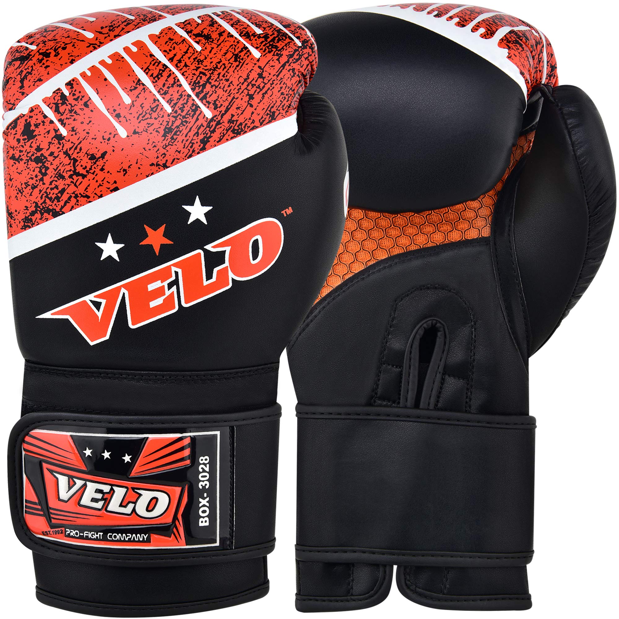 Velo Microfiber Leather Boxing Gloves For Training Muay Thai MMA (4 oz., Black-Orange)